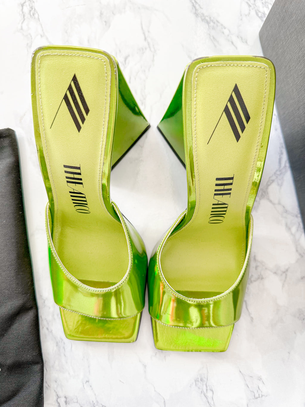 The Attico Devon Iridescent Lime Green High Heel Mules (EX-DISPLAY)