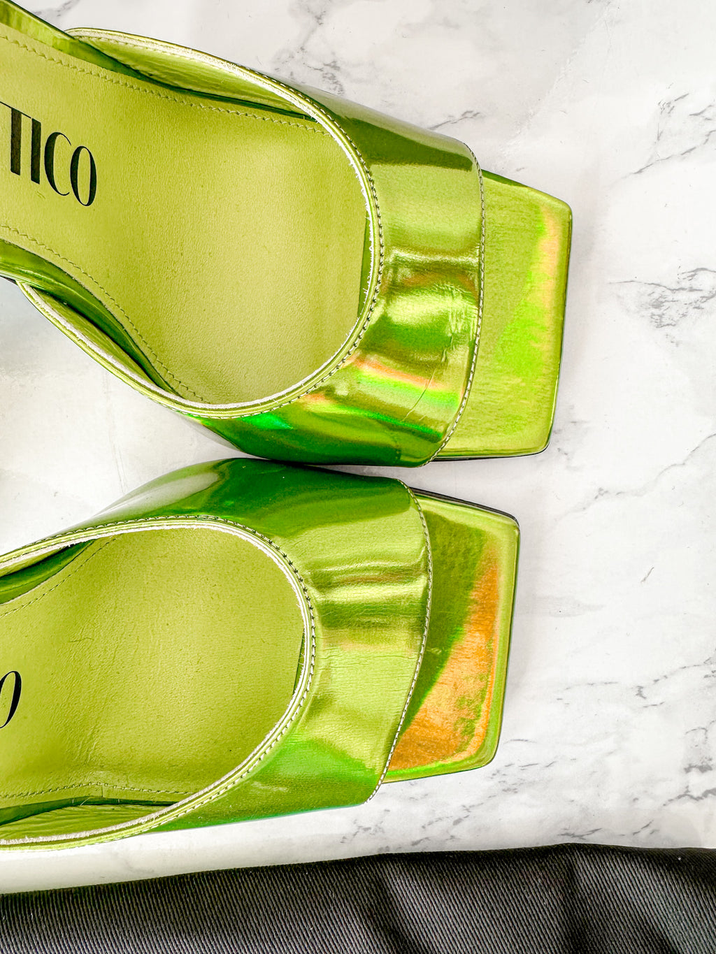 The Attico Devon Iridescent Lime Green High Heel Mules (EX-DISPLAY)