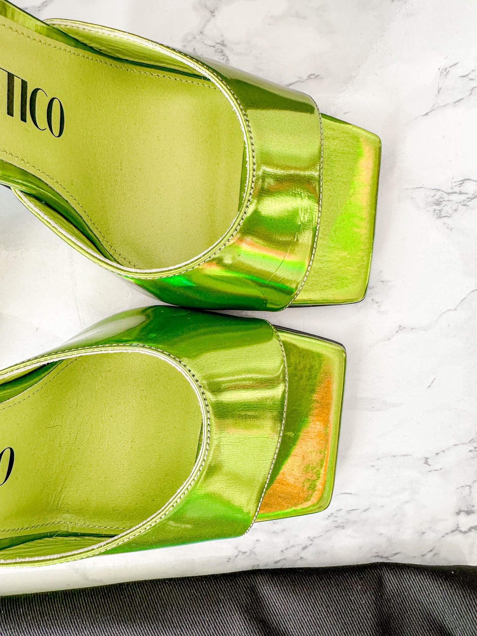 The Attico Devon Iridescent Lime Green High Heel Mules (EX-DISPLAY)