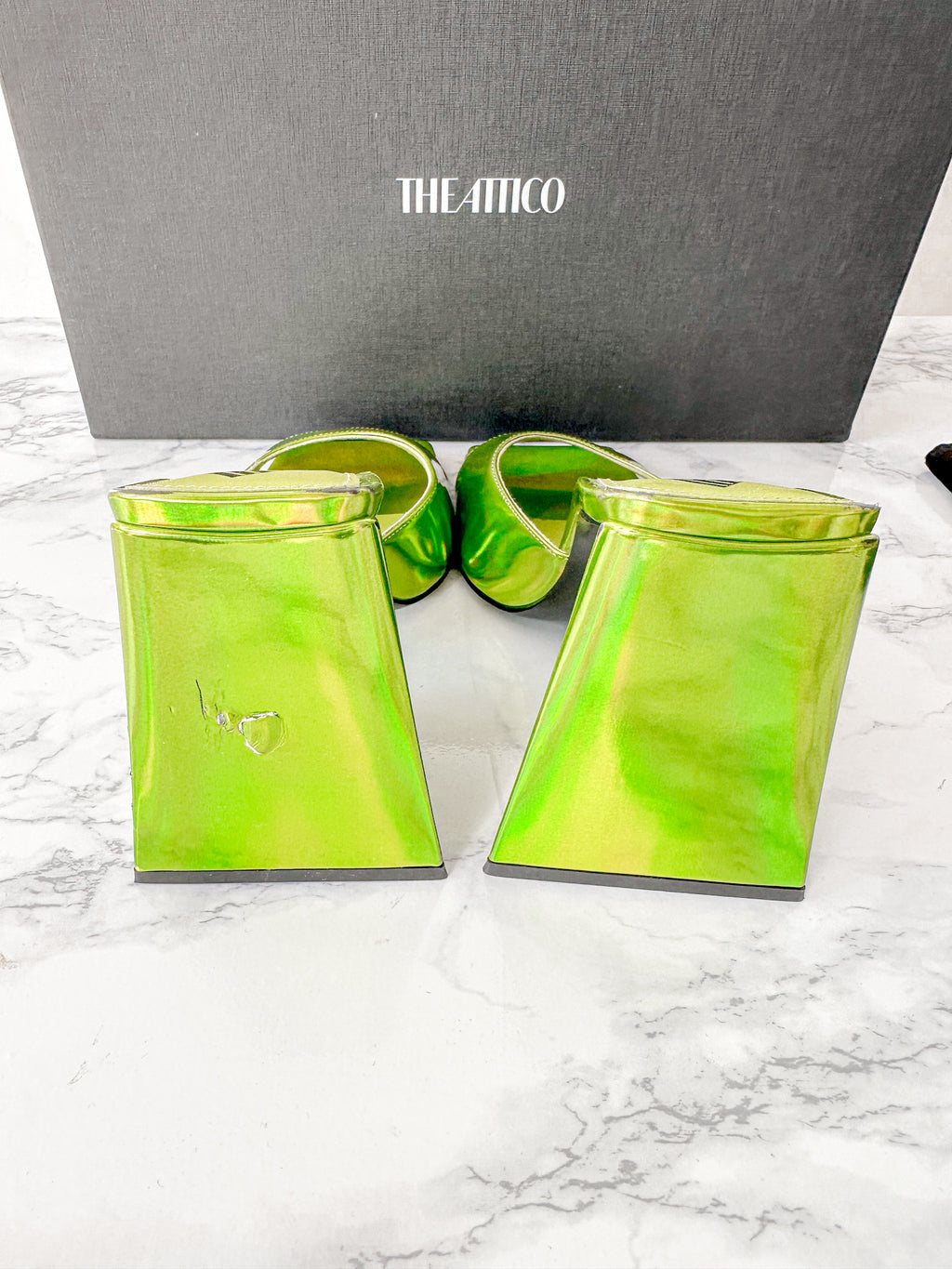 The Attico Devon Iridescent Lime Green High Heel Mules (EX-DISPLAY)