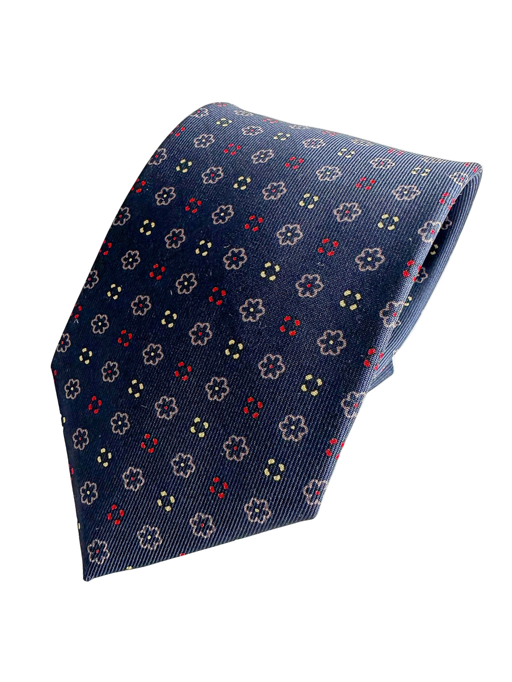 Drake's Navy Silk Tie With Mustard Stencil Floral Design