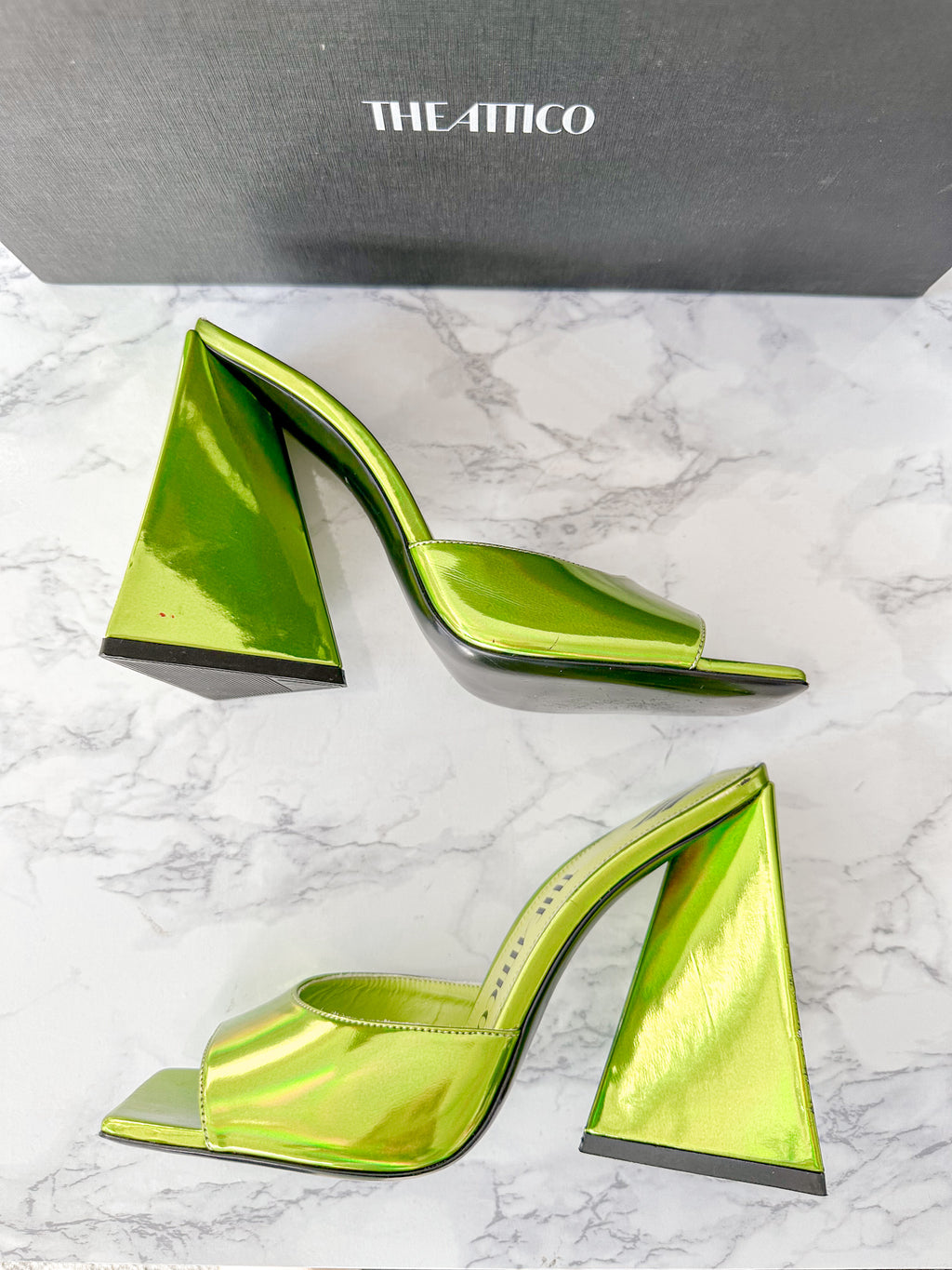 The Attico Devon Iridescent Lime Green High Heel Mules (EX-DISPLAY)