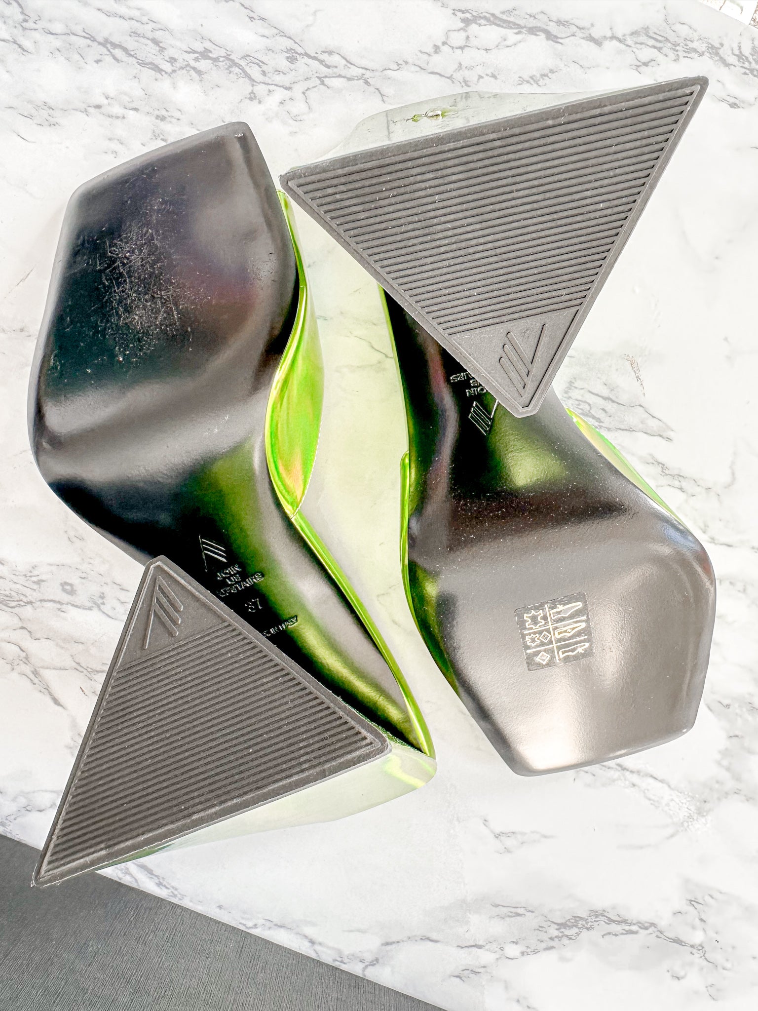 The Attico Devon Iridescent Lime Green High Heel Mules (EX-DISPLAY)