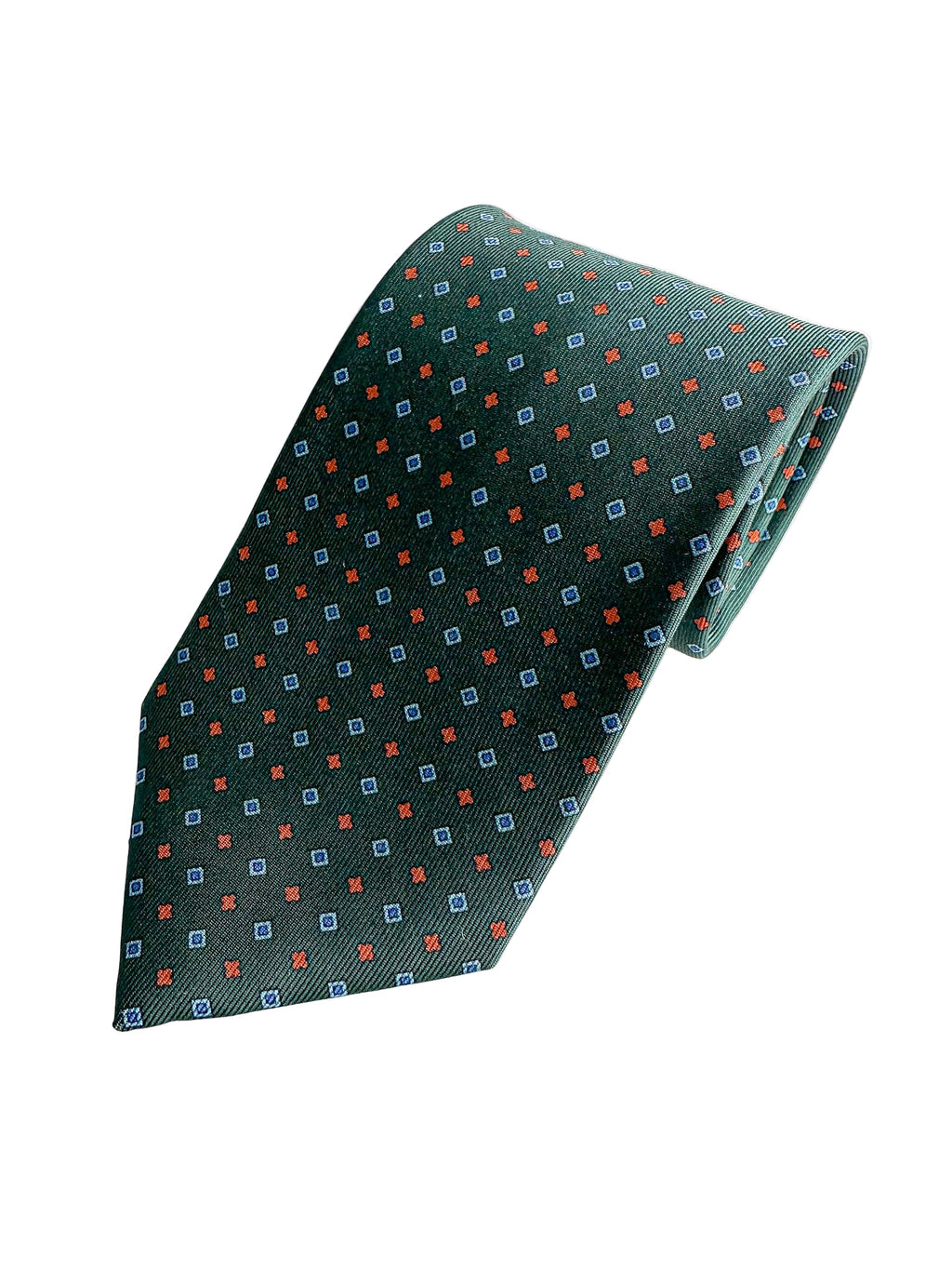 Drake's Dark Green Silk Tie With Blue Red Diamond Print