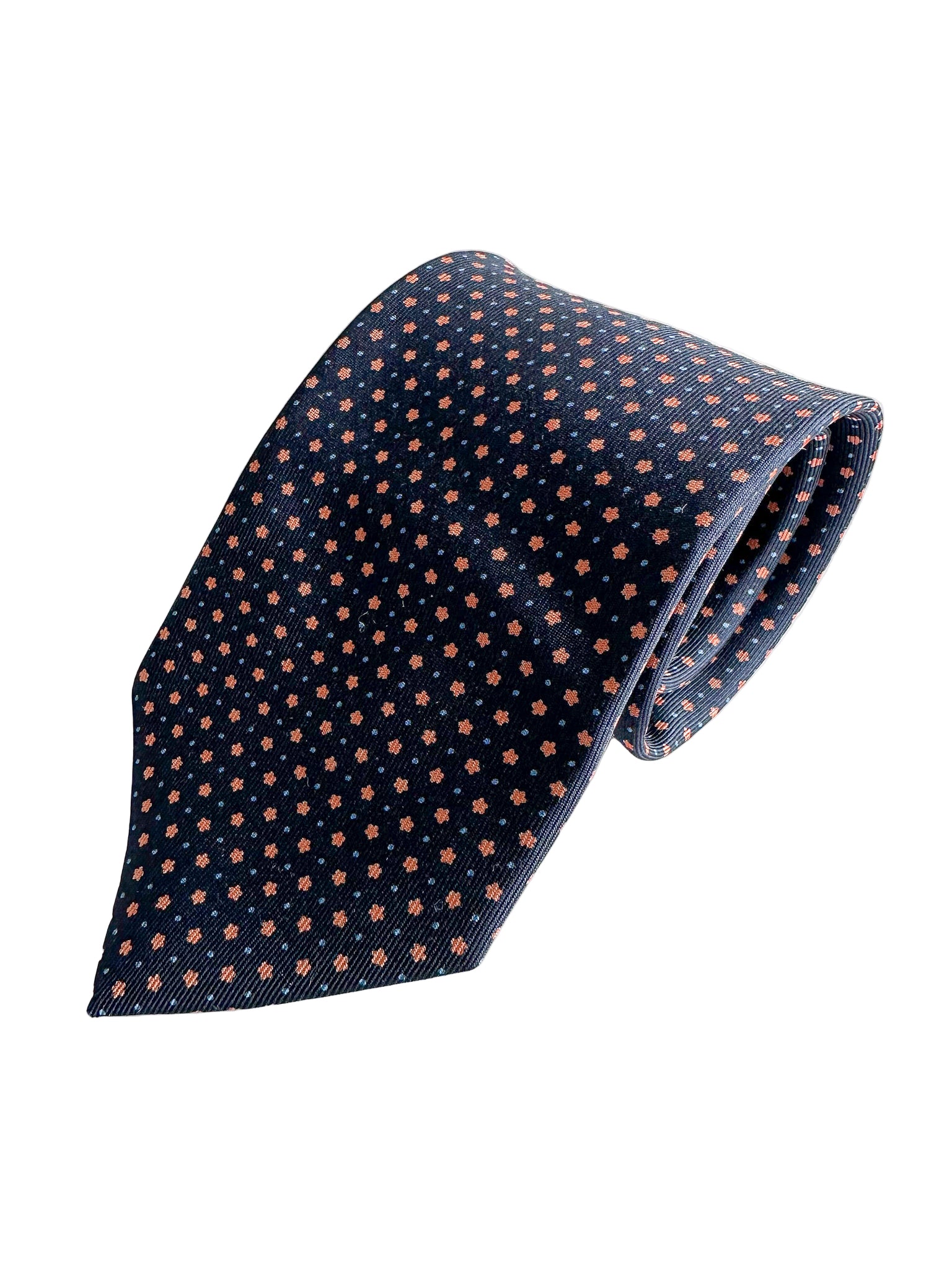 Drake's Navy Silk Tie With Orange Dot Floral