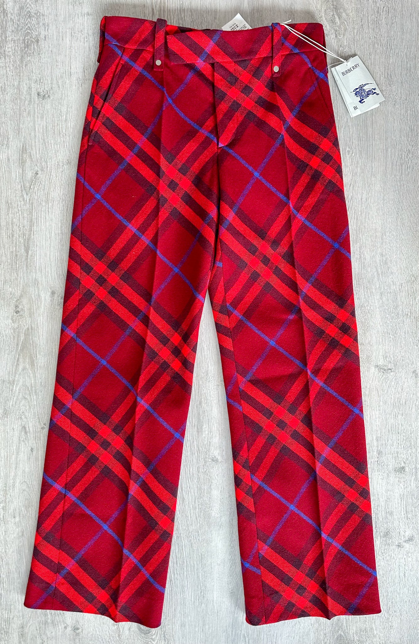 Burberry Checked Red Wool Straight Leg Mid Rise Trousers