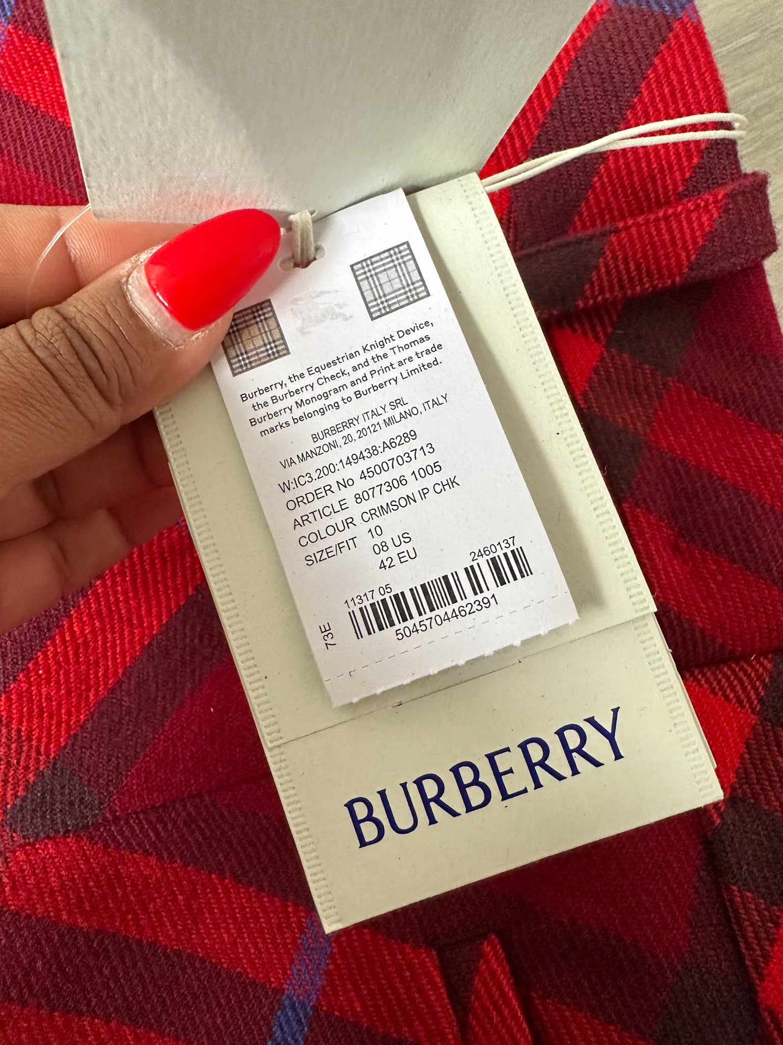 Burberry Checked Red Wool Straight Leg Mid Rise Trousers