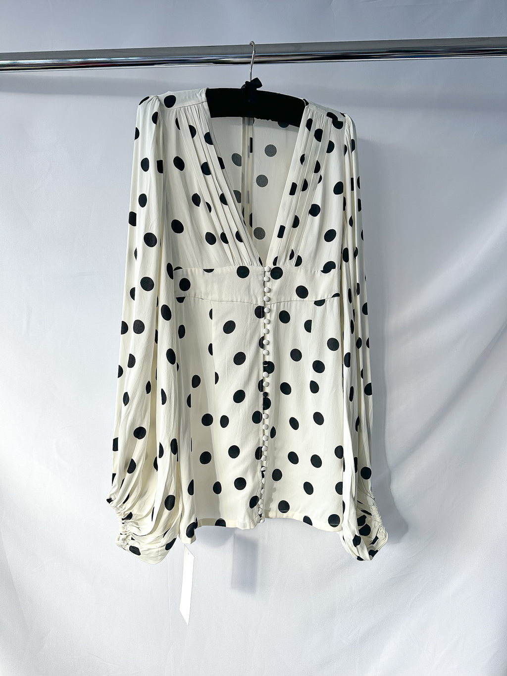 Rat and Boa Rodeo White Perla Polka Dot Plunge Neck Mini Dress