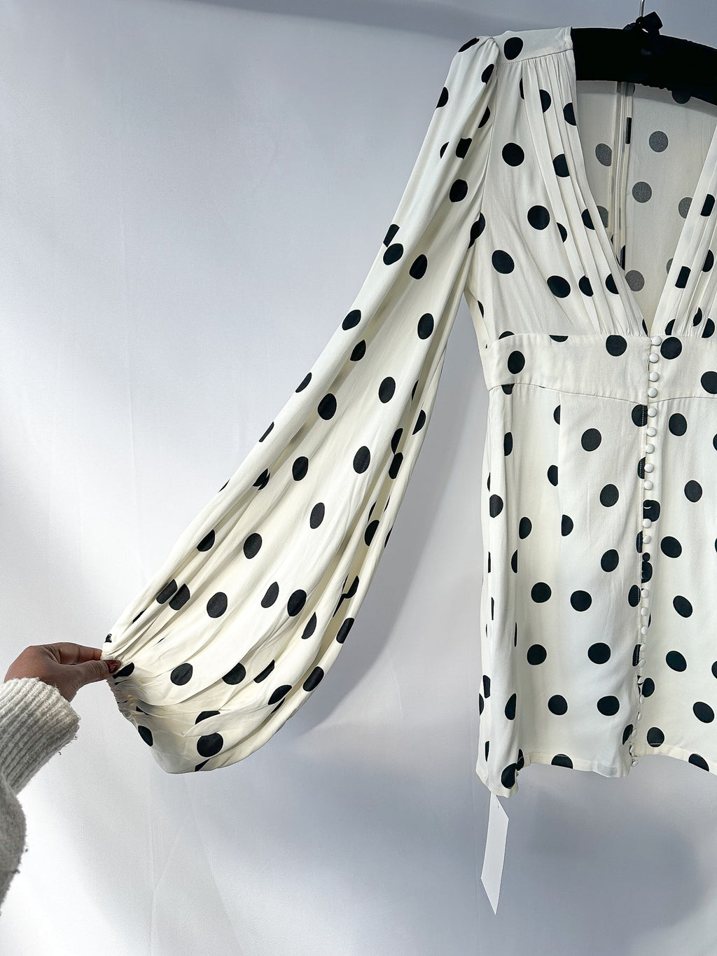 Rat and Boa Rodeo White Perla Polka Dot Plunge Neck Mini Dress