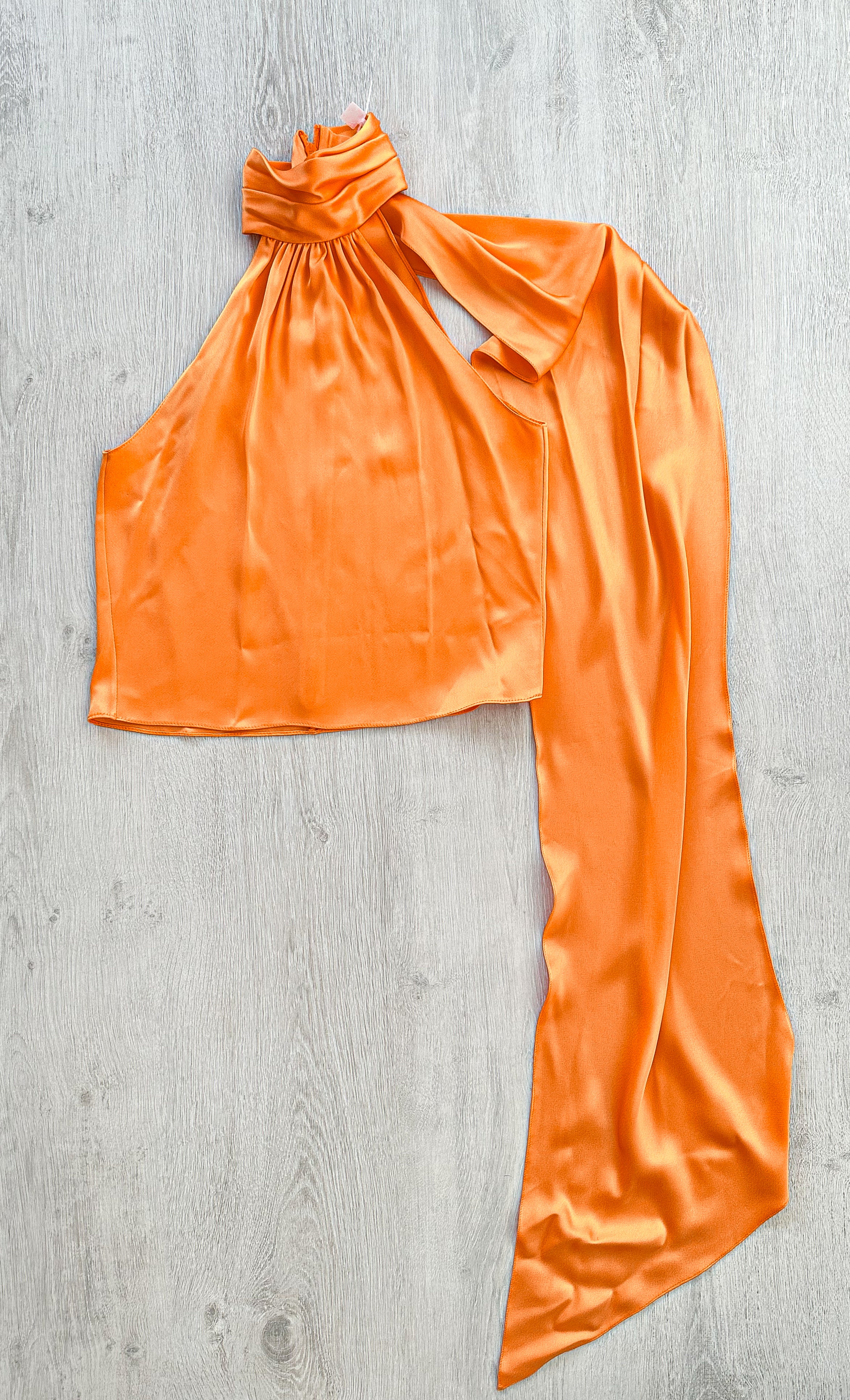 DAVID KOMA Orange Satin High Neck Drape Detail Sleeveless Top - House Of Huntington