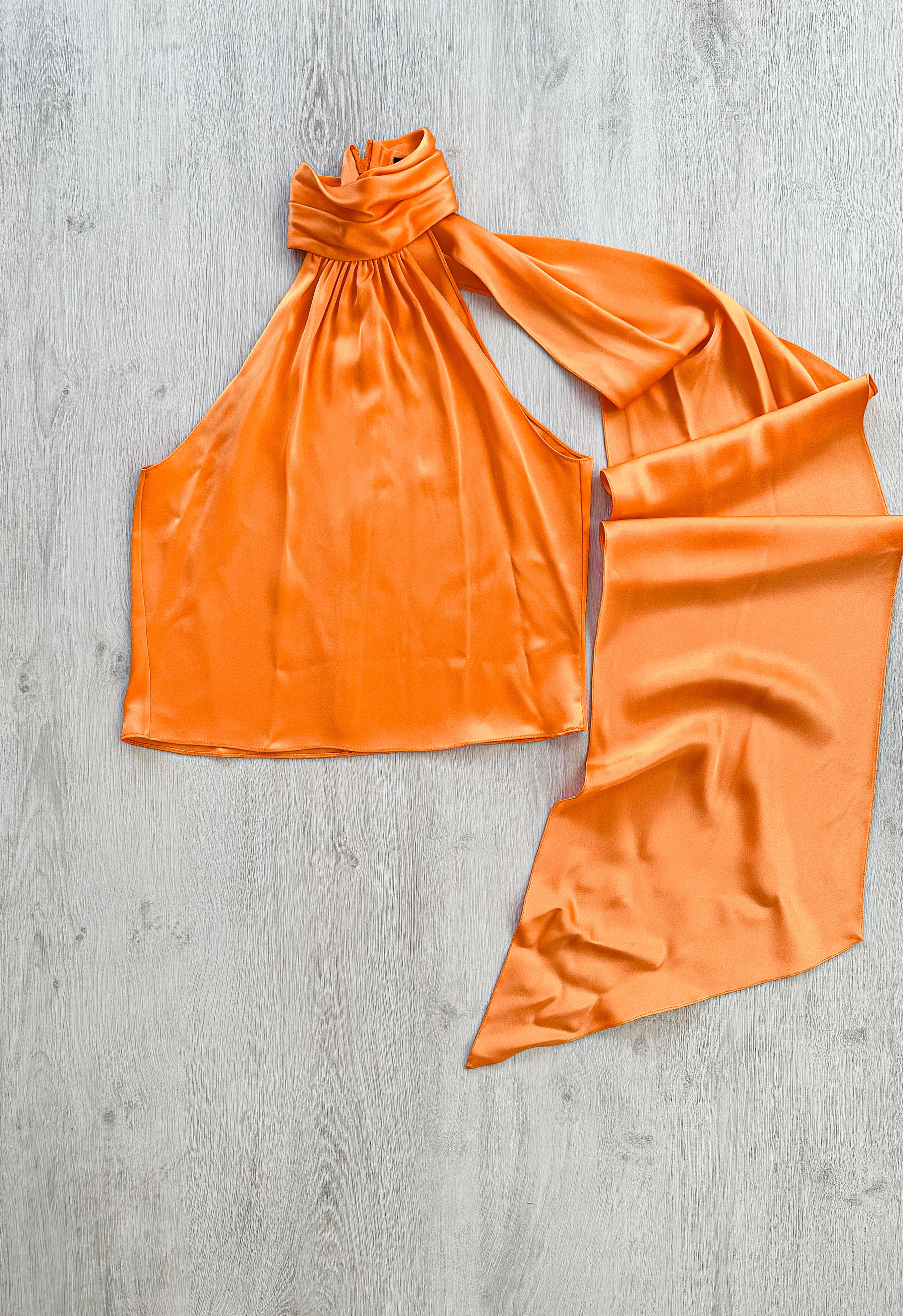 DAVID KOMA Orange Satin High Neck Drape Detail Sleeveless Top - House Of Huntington