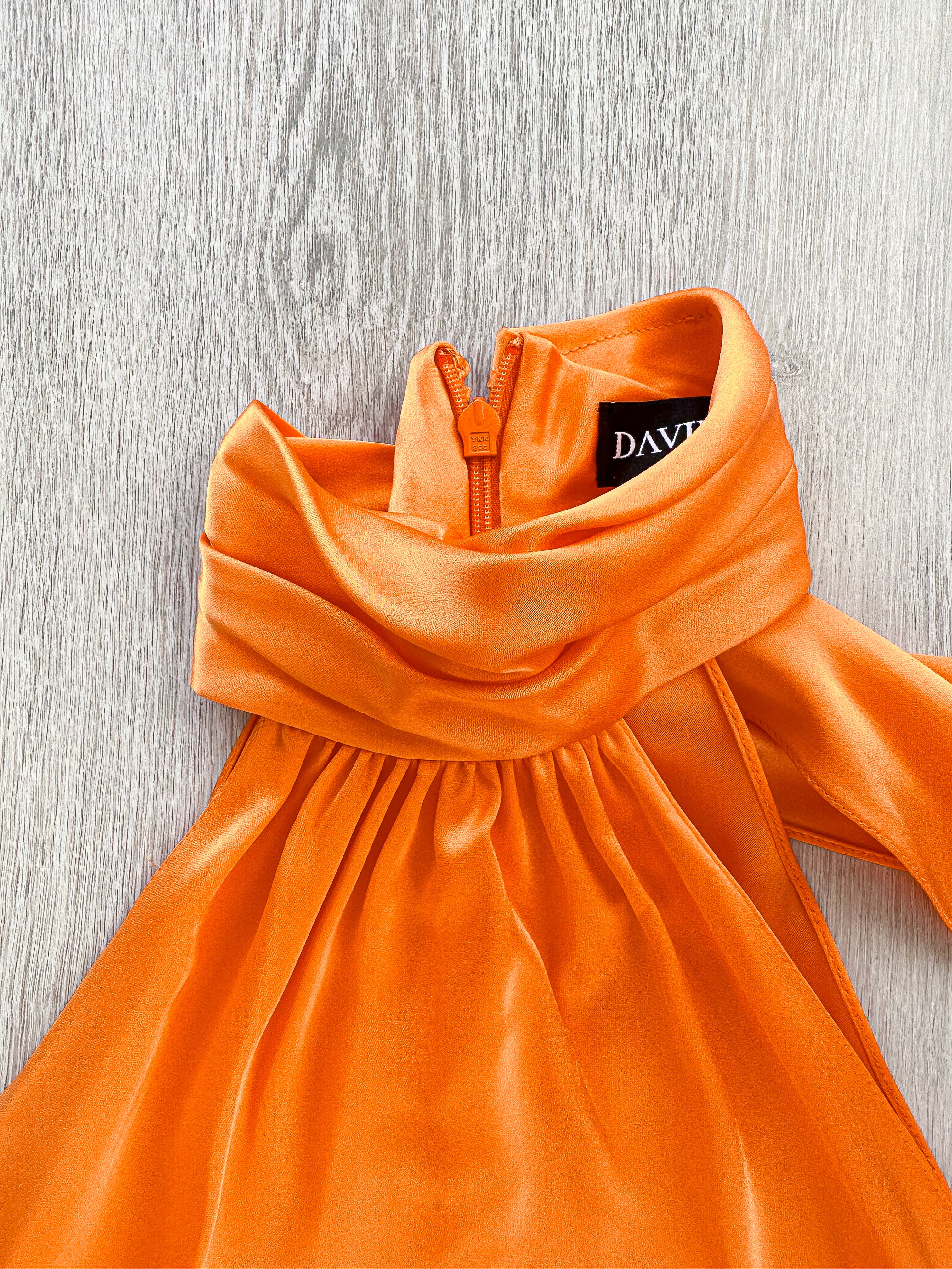 DAVID KOMA Orange Satin High Neck Drape Detail Sleeveless Top - House Of Huntington