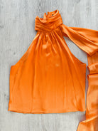 DAVID KOMA Orange Satin High Neck Drape Detail Sleeveless Top - House Of Huntington