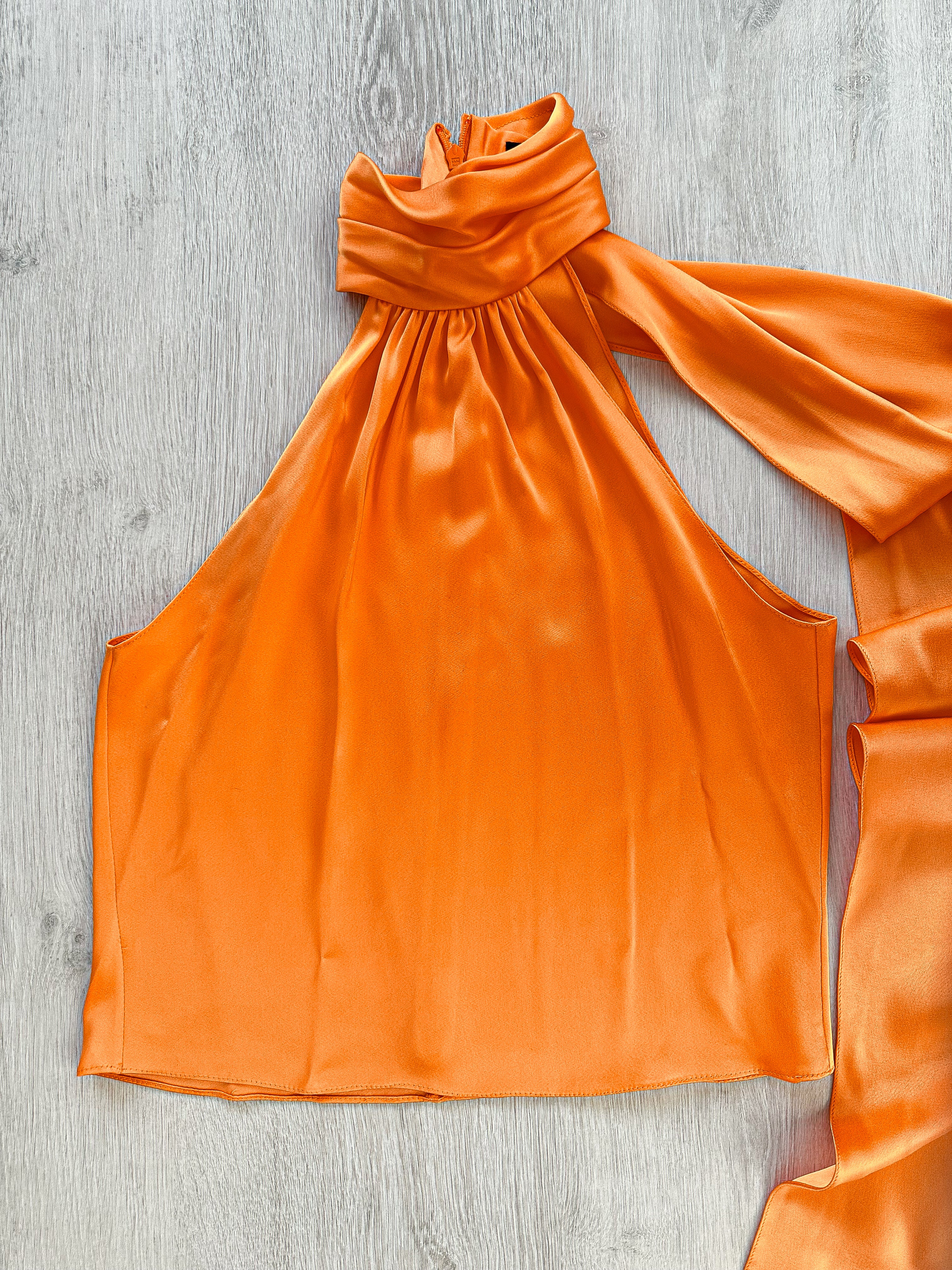 DAVID KOMA Orange Satin High Neck Drape Detail Sleeveless Top - House Of Huntington