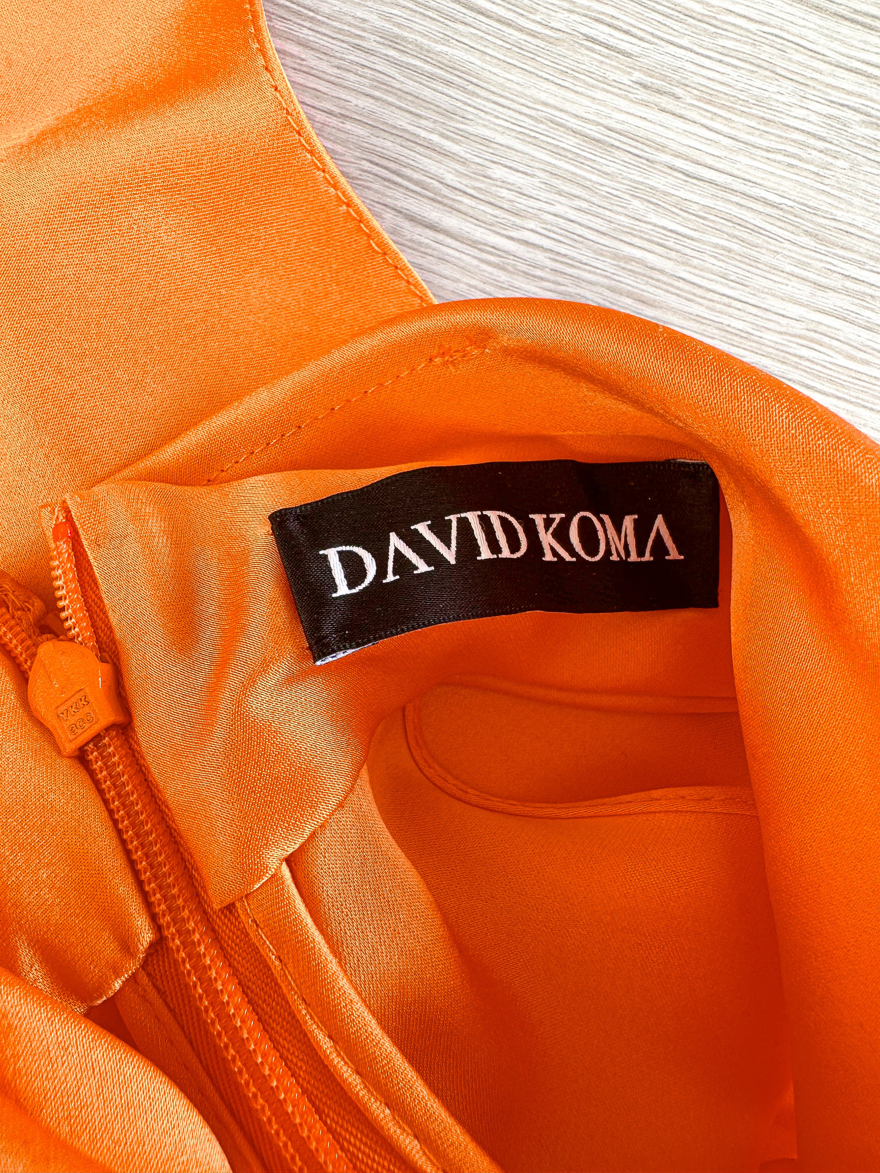 DAVID KOMA Orange Satin High Neck Drape Detail Sleeveless Top - House Of Huntington