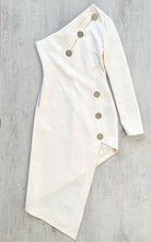 DAVID KOMA White One Shoulder High Leg Cut Button Detail Crepe Midi Dress - House Of Huntington