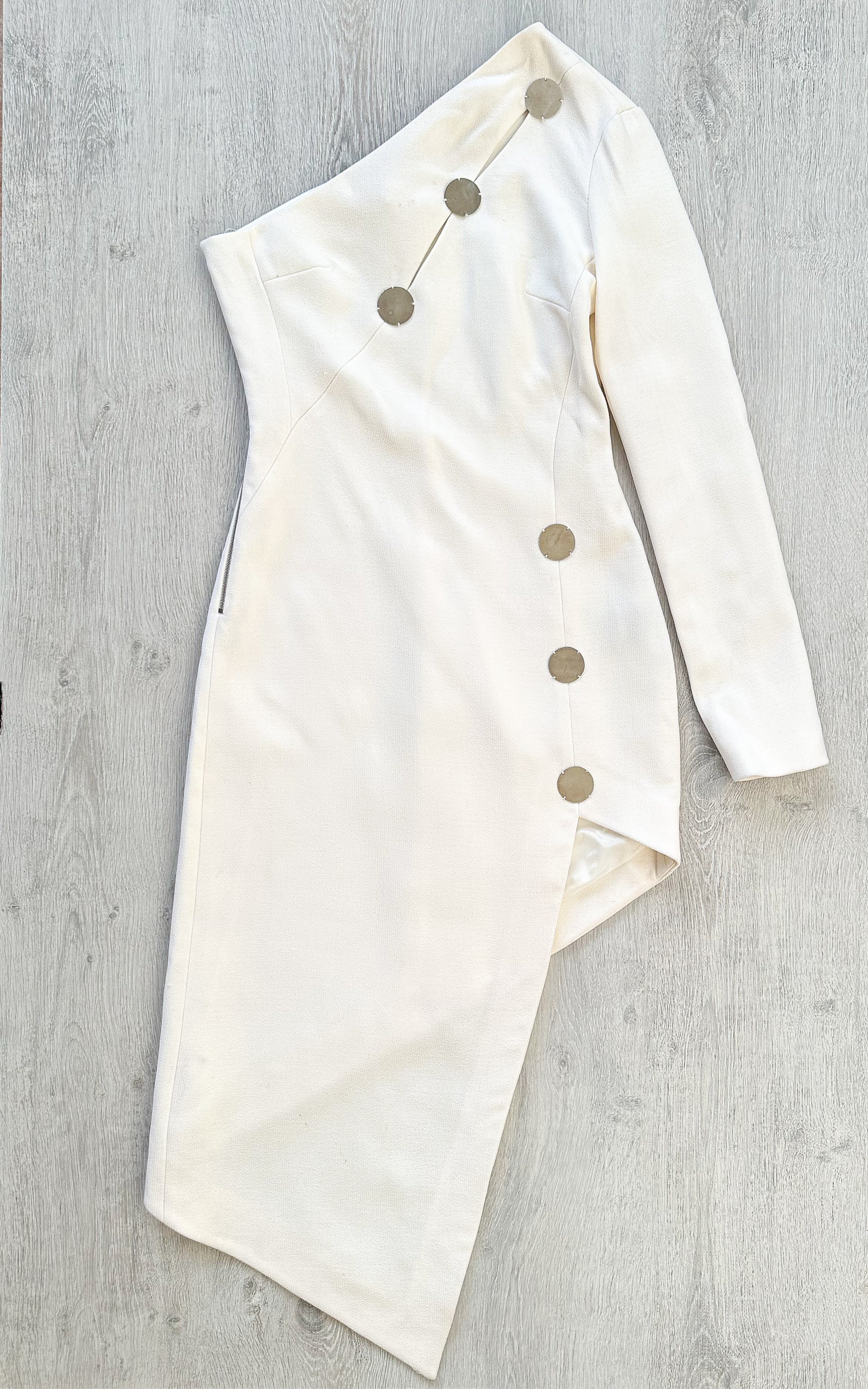 DAVID KOMA White One Shoulder High Leg Cut Button Detail Crepe Midi Dress - House Of Huntington