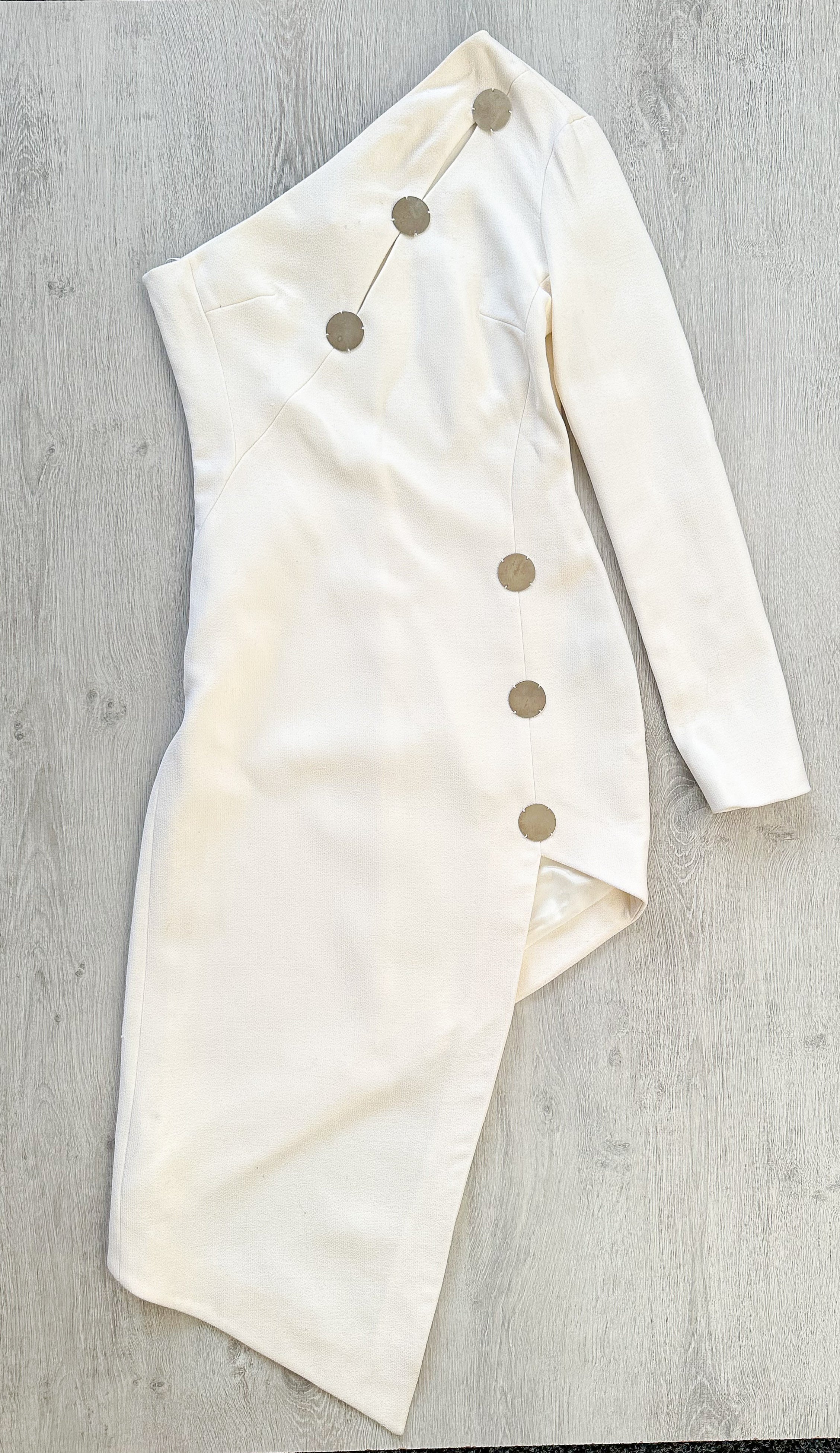 DAVID KOMA White One Shoulder High Leg Cut Button Detail Crepe Midi Dress - House Of Huntington