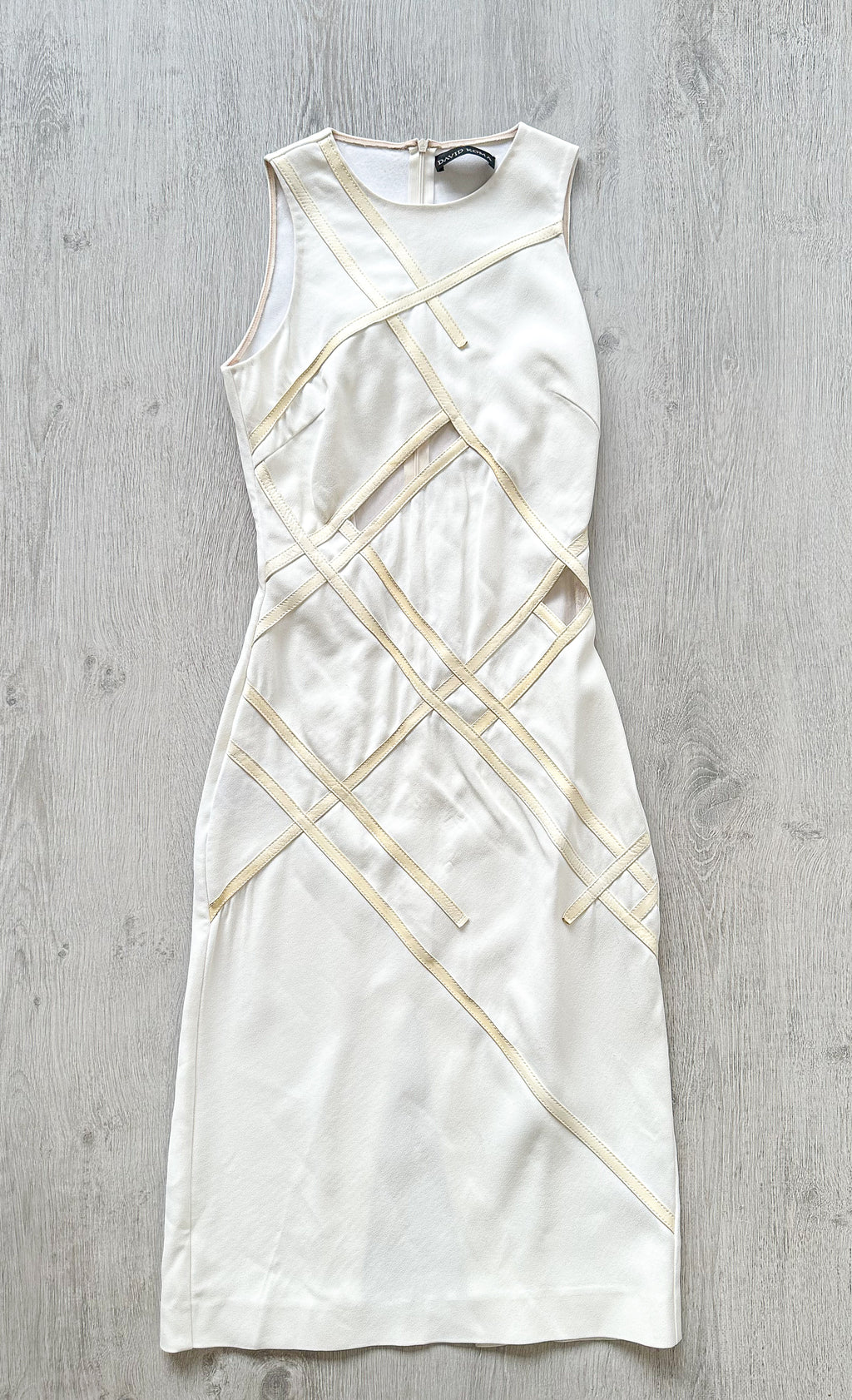 DAVID KOMA White Crepe Leather Applique Mesh Detail Sleeveless Dress - House Of Huntington