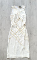DAVID KOMA White Crepe Leather Applique Mesh Detail Sleeveless Dress - House Of Huntington
