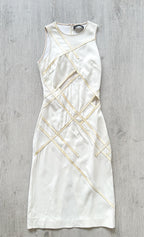 DAVID KOMA White Crepe Leather Applique Mesh Detail Sleeveless Dress - House Of Huntington