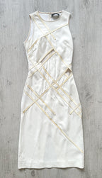 DAVID KOMA White Crepe Leather Applique Mesh Detail Sleeveless Dress - House Of Huntington
