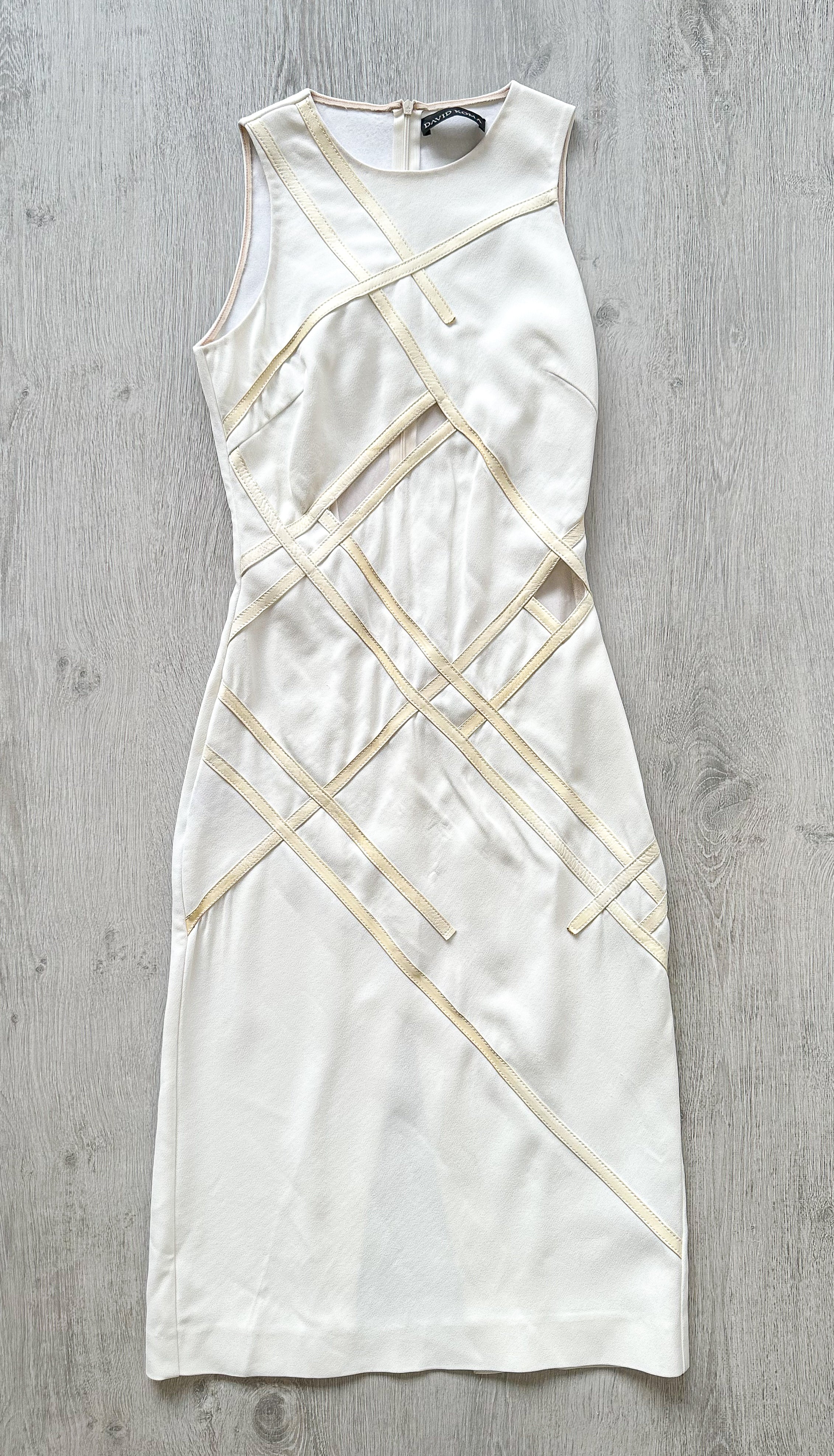 DAVID KOMA White Crepe Leather Applique Mesh Detail Sleeveless Dress - House Of Huntington
