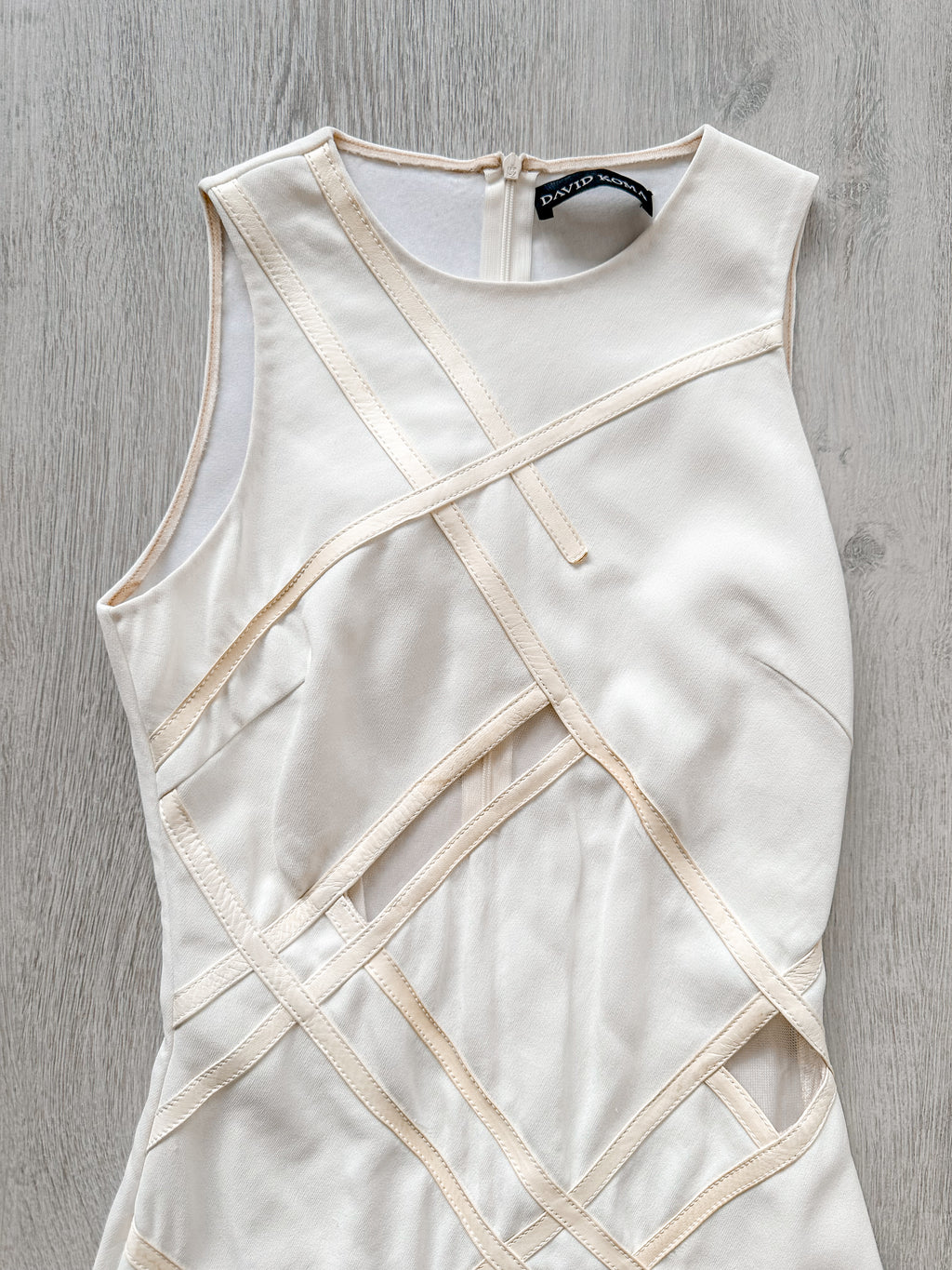 DAVID KOMA White Crepe Leather Applique Mesh Detail Sleeveless Dress - House Of Huntington