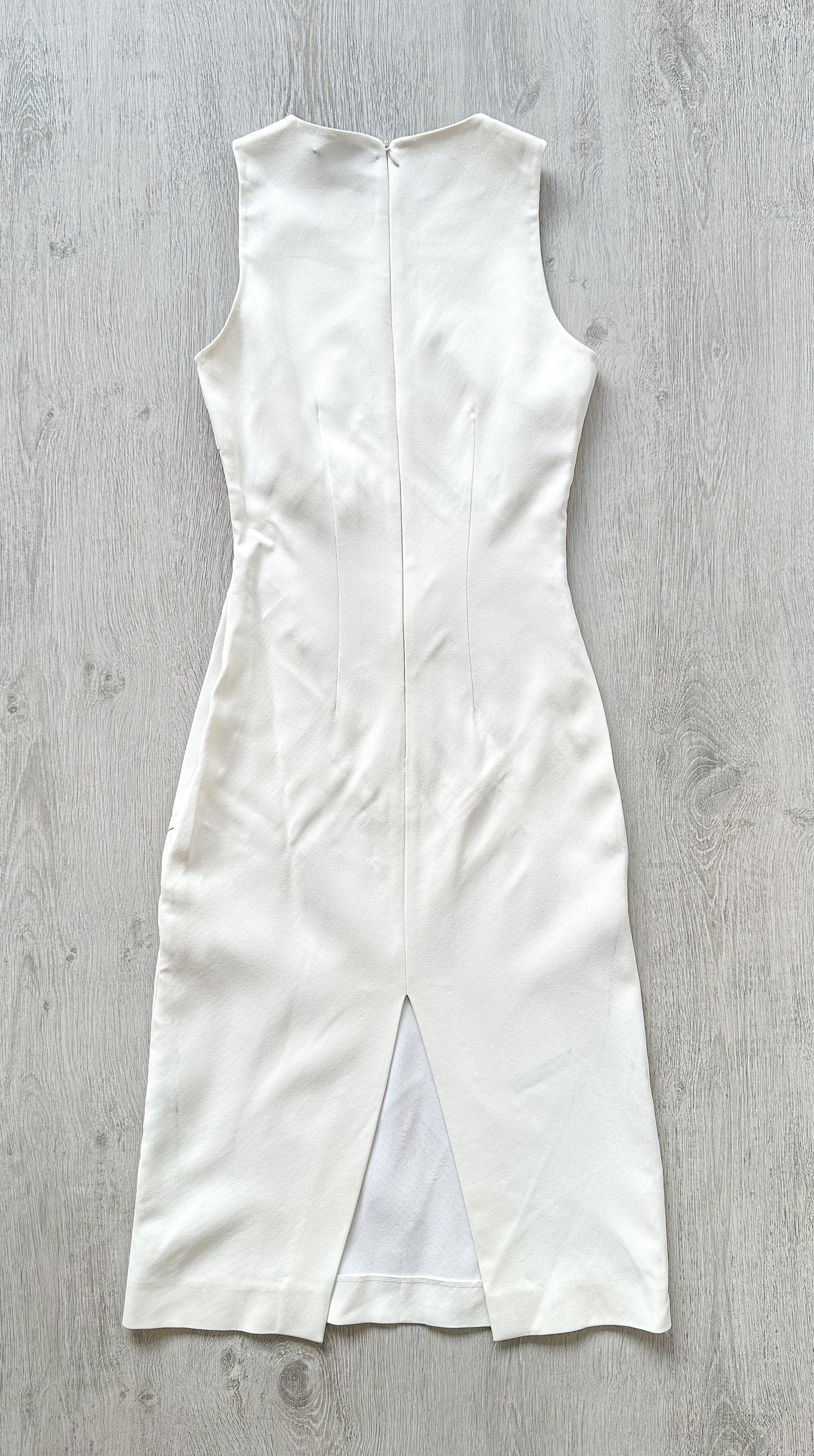 DAVID KOMA White Crepe Leather Applique Mesh Detail Sleeveless Dress - House Of Huntington