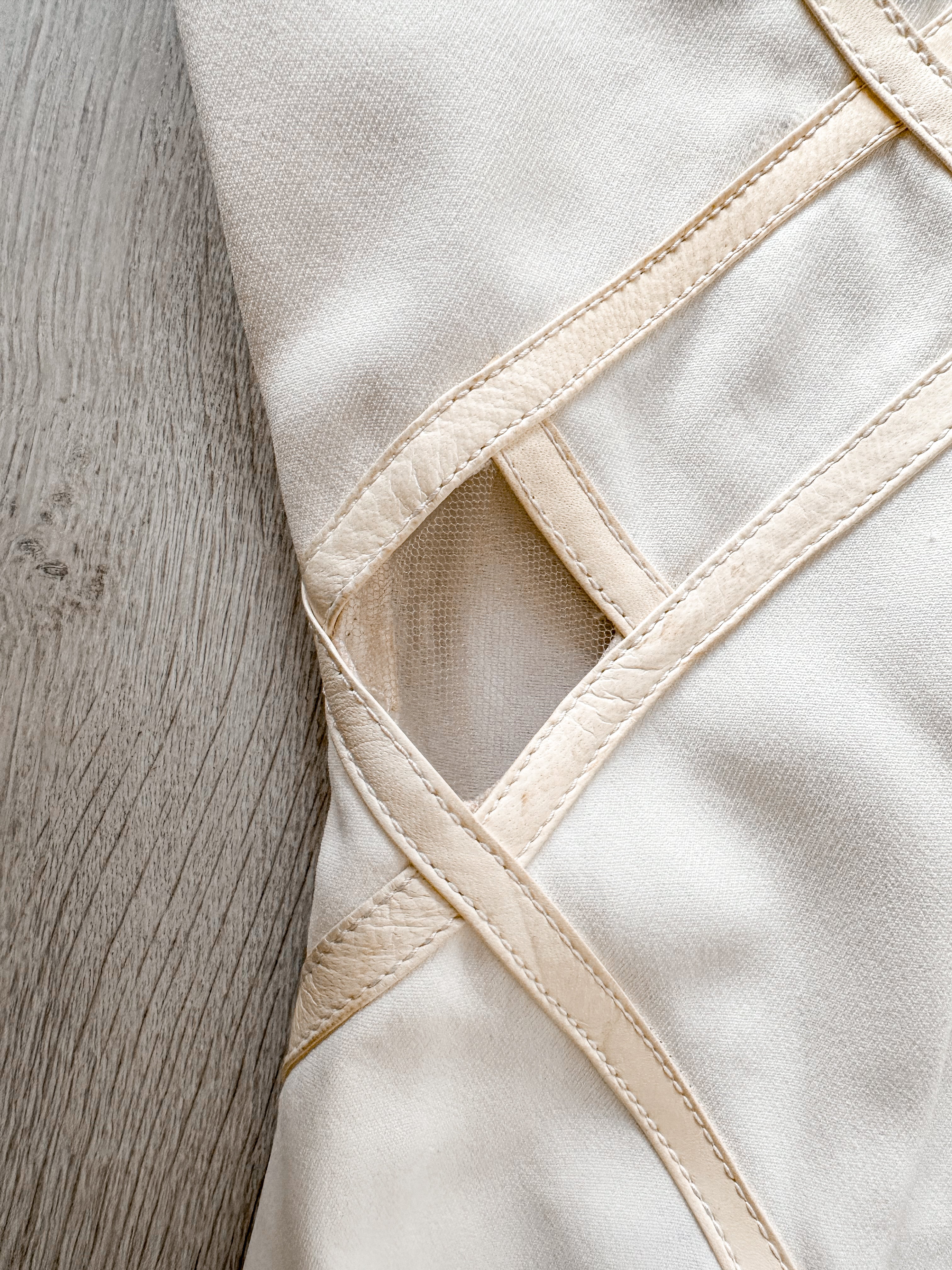 DAVID KOMA White Crepe Leather Applique Mesh Detail Sleeveless Dress - House Of Huntington