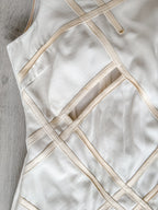 DAVID KOMA White Crepe Leather Applique Mesh Detail Sleeveless Dress - House Of Huntington