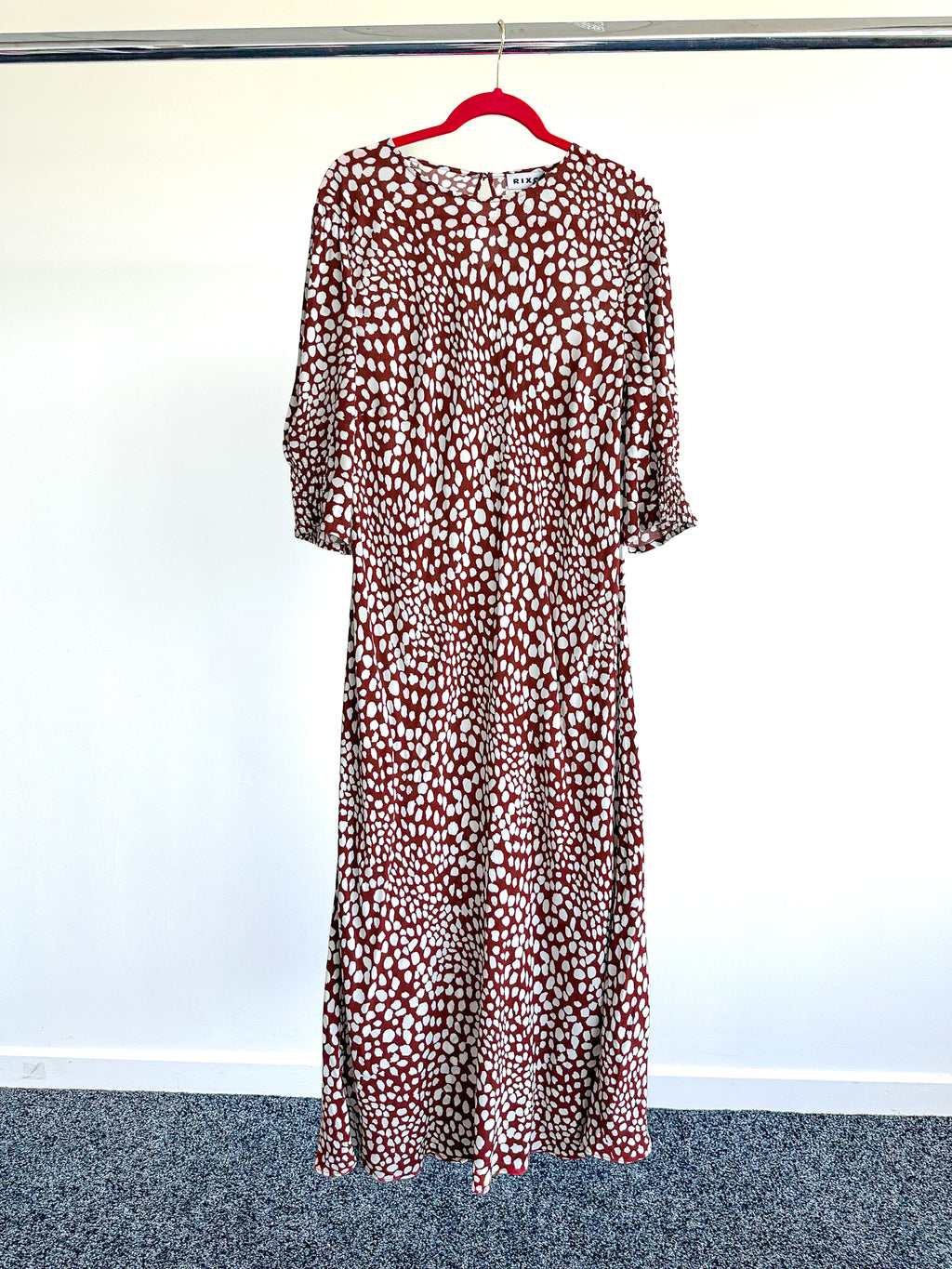 Rixo London Jess Spotted Puff Sleeve Brown Summer Maxi Dress - House Of Huntington