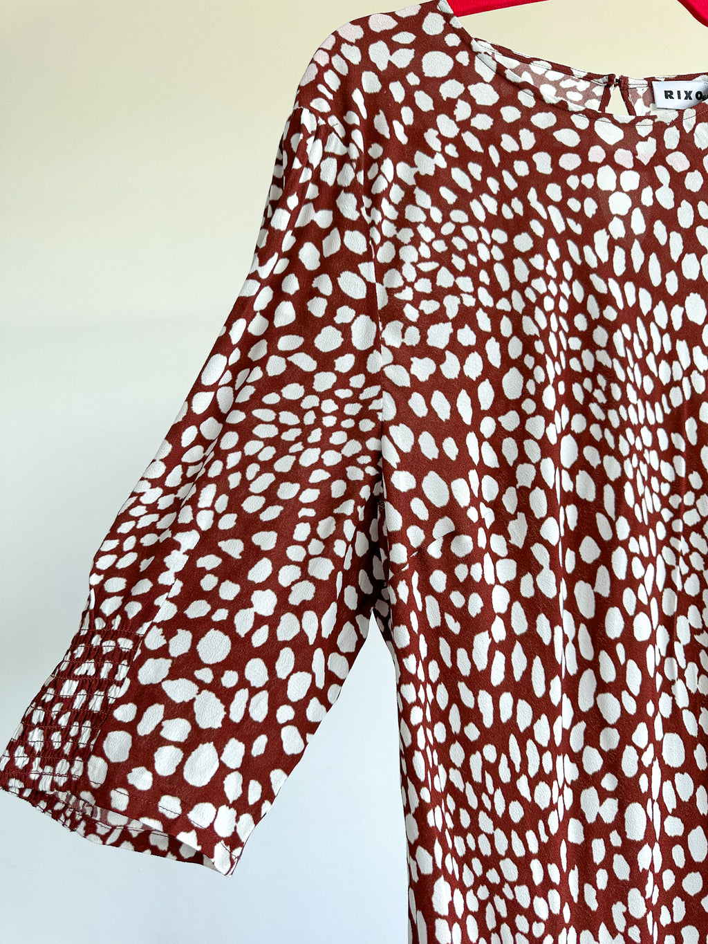 Rixo London Jess Spotted Puff Sleeve Brown Summer Maxi Dress - House Of Huntington