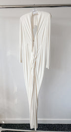 16ARLINGTON Marfil Blanco Minelli Feather Trim Crepe Netted Detalle Vestido de Novia Sin Tirantes