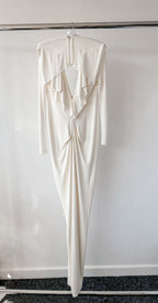 16ARLINGTON Marfil Blanco Minelli Feather Trim Crepe Netted Detalle Vestido de Novia Sin Tirantes