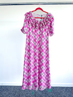 RIXO London Mariana Pink Check Print Ruffle Neck Silk Midi Dress - House Of Huntington