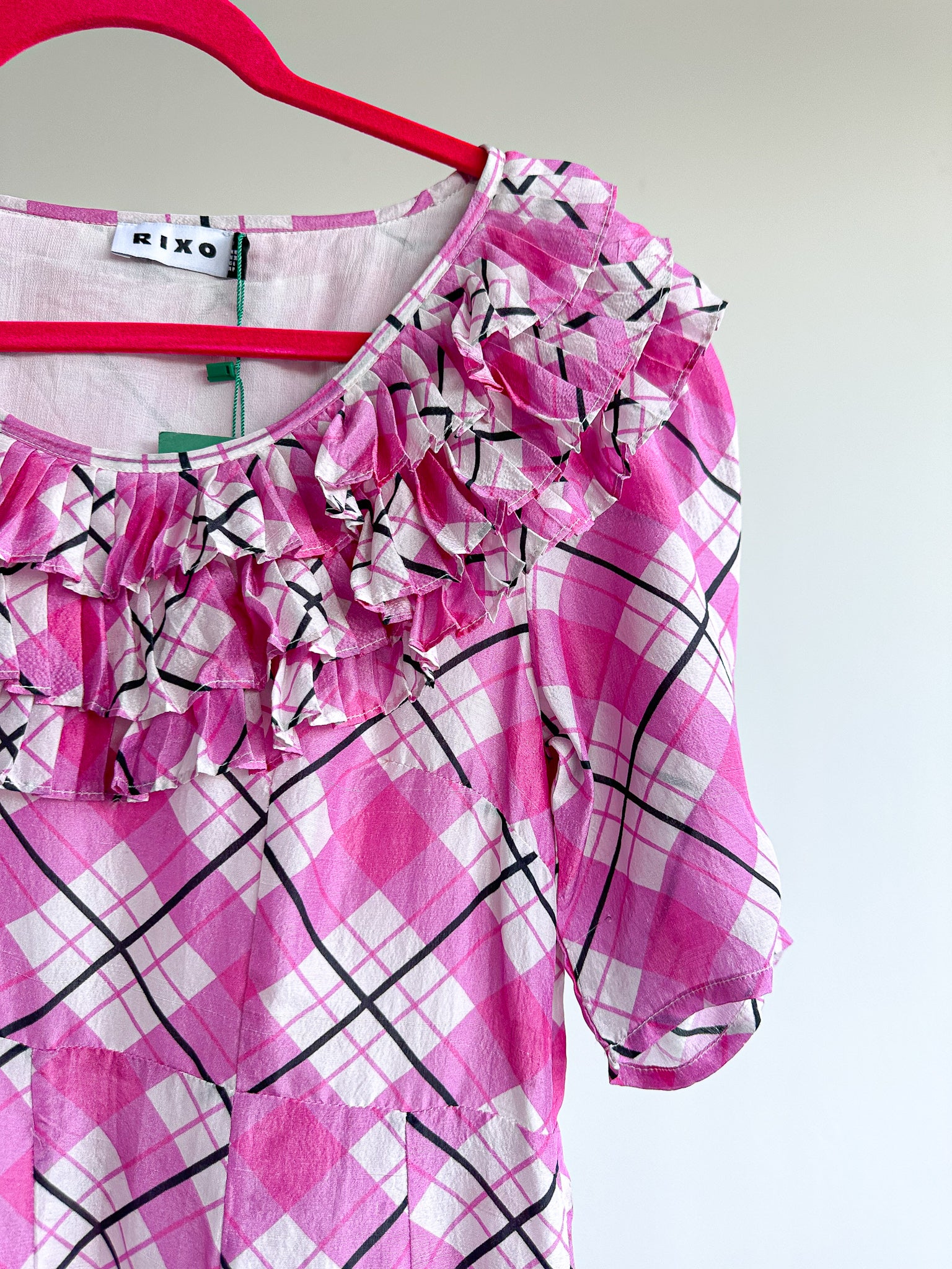 RIXO London Mariana Pink Check Print Ruffle Neck Silk Midi Dress - House Of Huntington