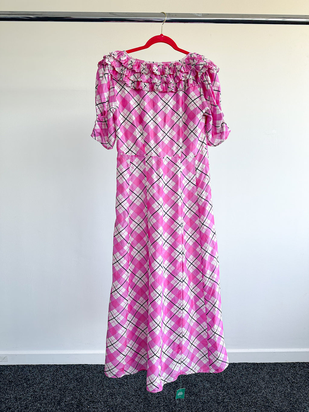 RIXO London Mariana Pink Check Print Ruffle Neck Silk Midi Dress - House Of Huntington
