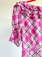 RIXO London Mariana Pink Check Print Ruffle Neck Silk Midi Dress - House Of Huntington