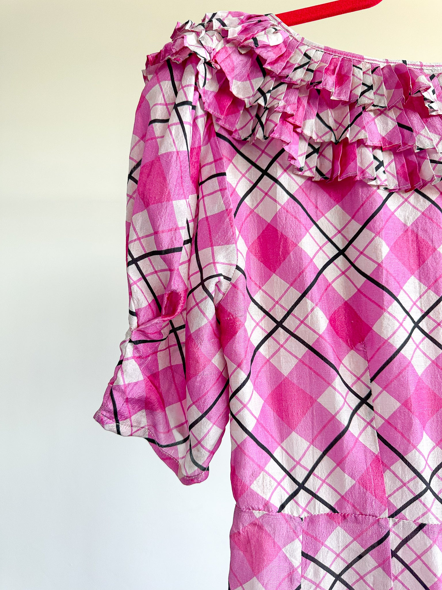 RIXO London Mariana Pink Check Print Ruffle Neck Silk Midi Dress - House Of Huntington