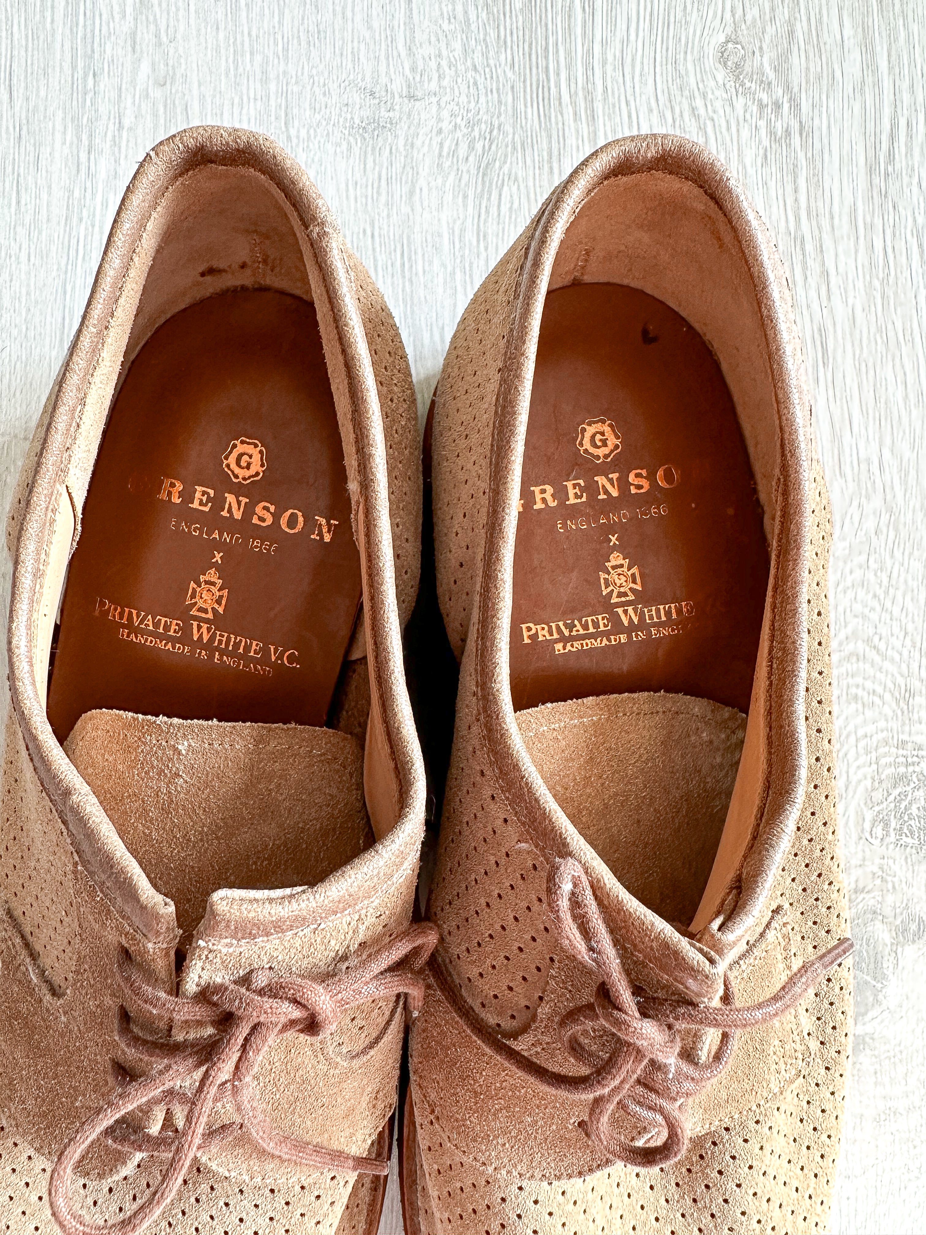 Private White V.C X Grenson Williams Perforated Suede Derby Shoe In Mushroom Brown - House Of Huntington