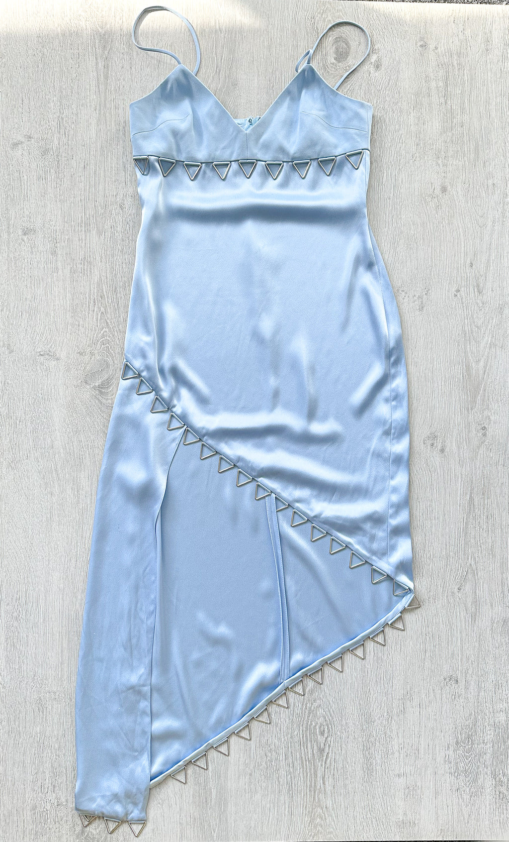 DAVID KOMA Blue Satin Triangle Detail Asymmetric High Leg Midi Dress - House Of Huntington