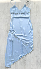 DAVID KOMA Blue Satin Triangle Detail Asymmetric High Leg Midi Dress - House Of Huntington