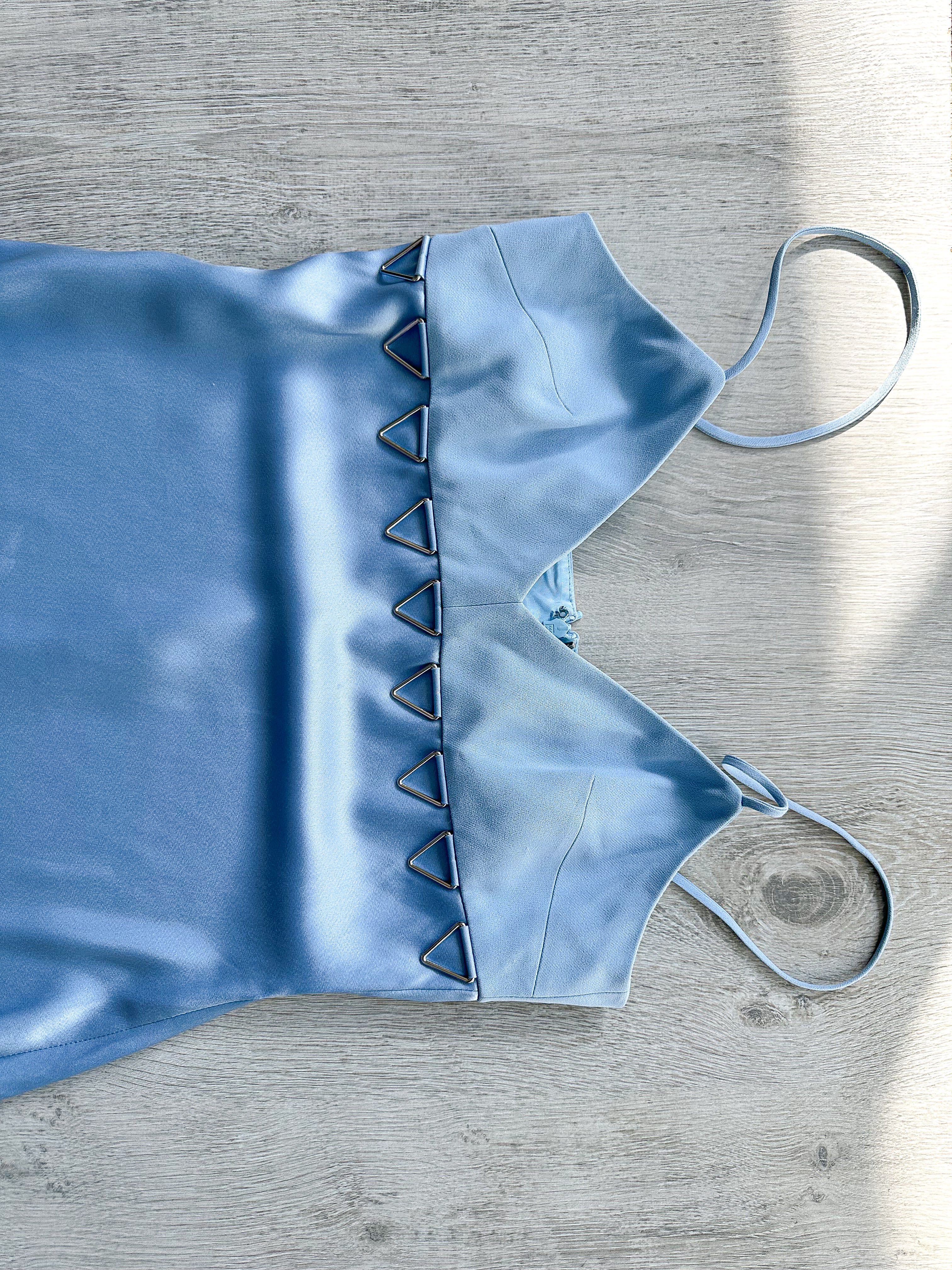 DAVID KOMA Blue Satin Triangle Detail Asymmetric High Leg Midi Dress - House Of Huntington