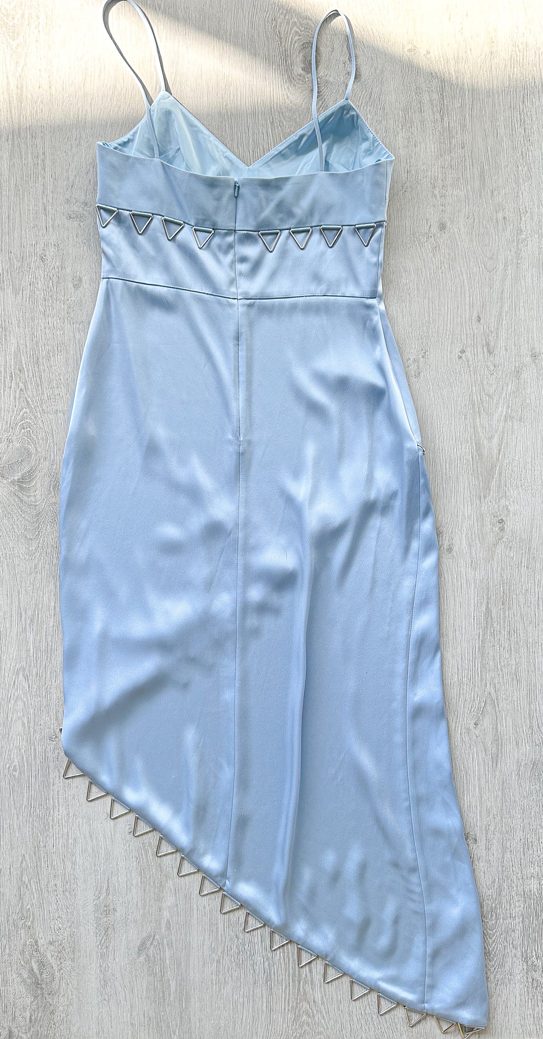 DAVID KOMA Blue Satin Triangle Detail Asymmetric High Leg Midi Dress - House Of Huntington