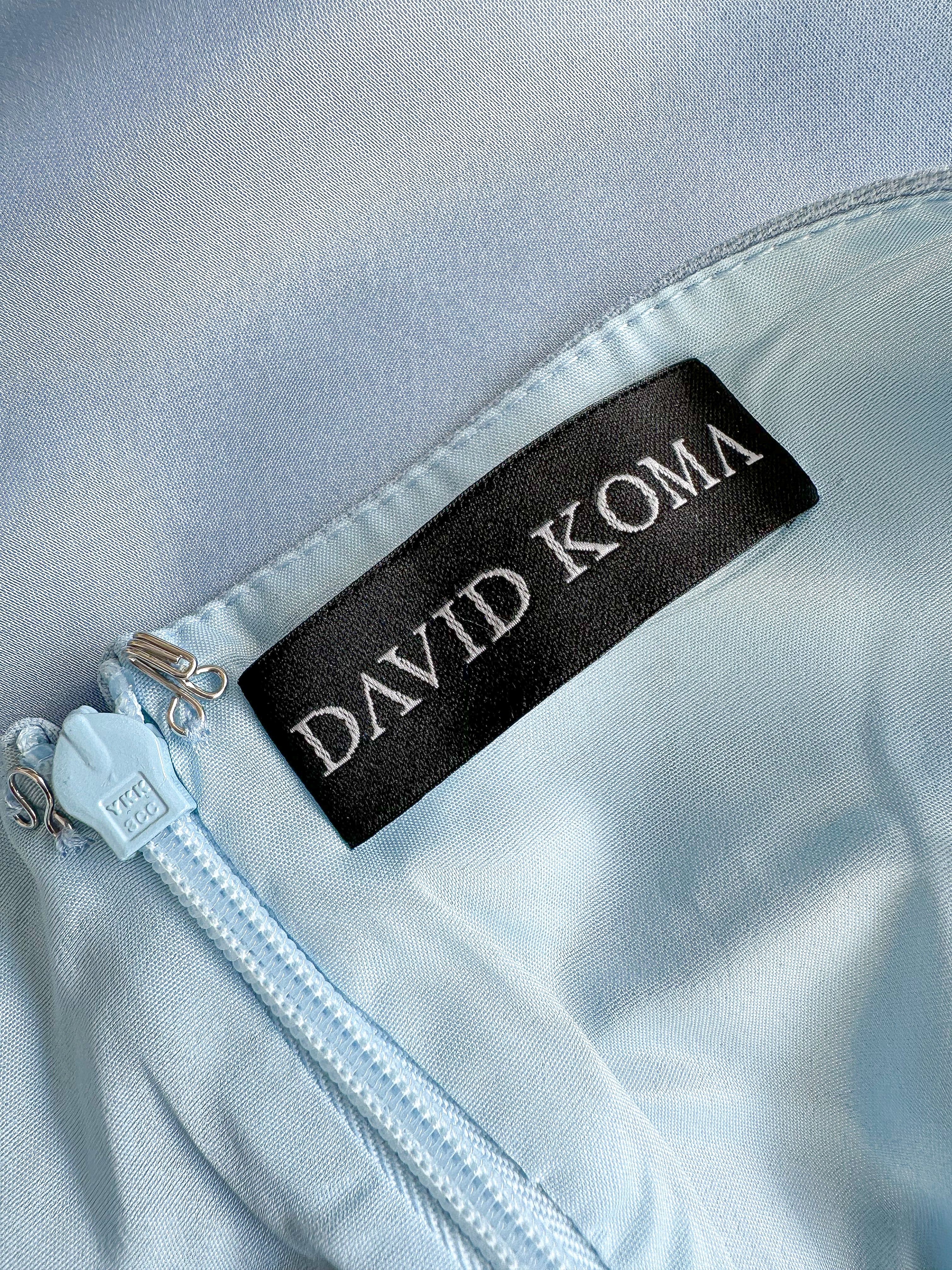 DAVID KOMA Blue Satin Triangle Detail Asymmetric High Leg Midi Dress - House Of Huntington