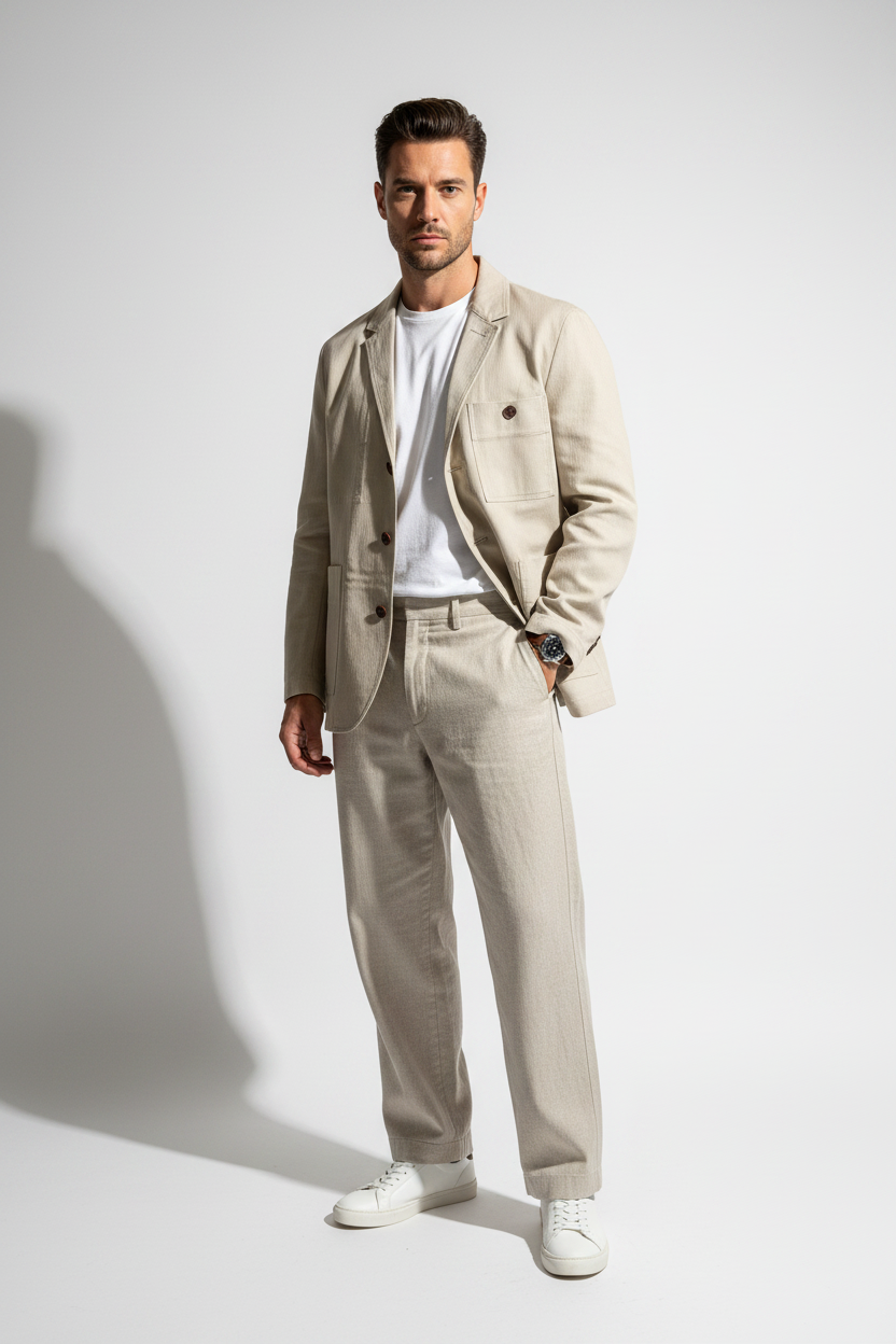 Folk Mens Beige Herringbone Workwear Blazer Jacket