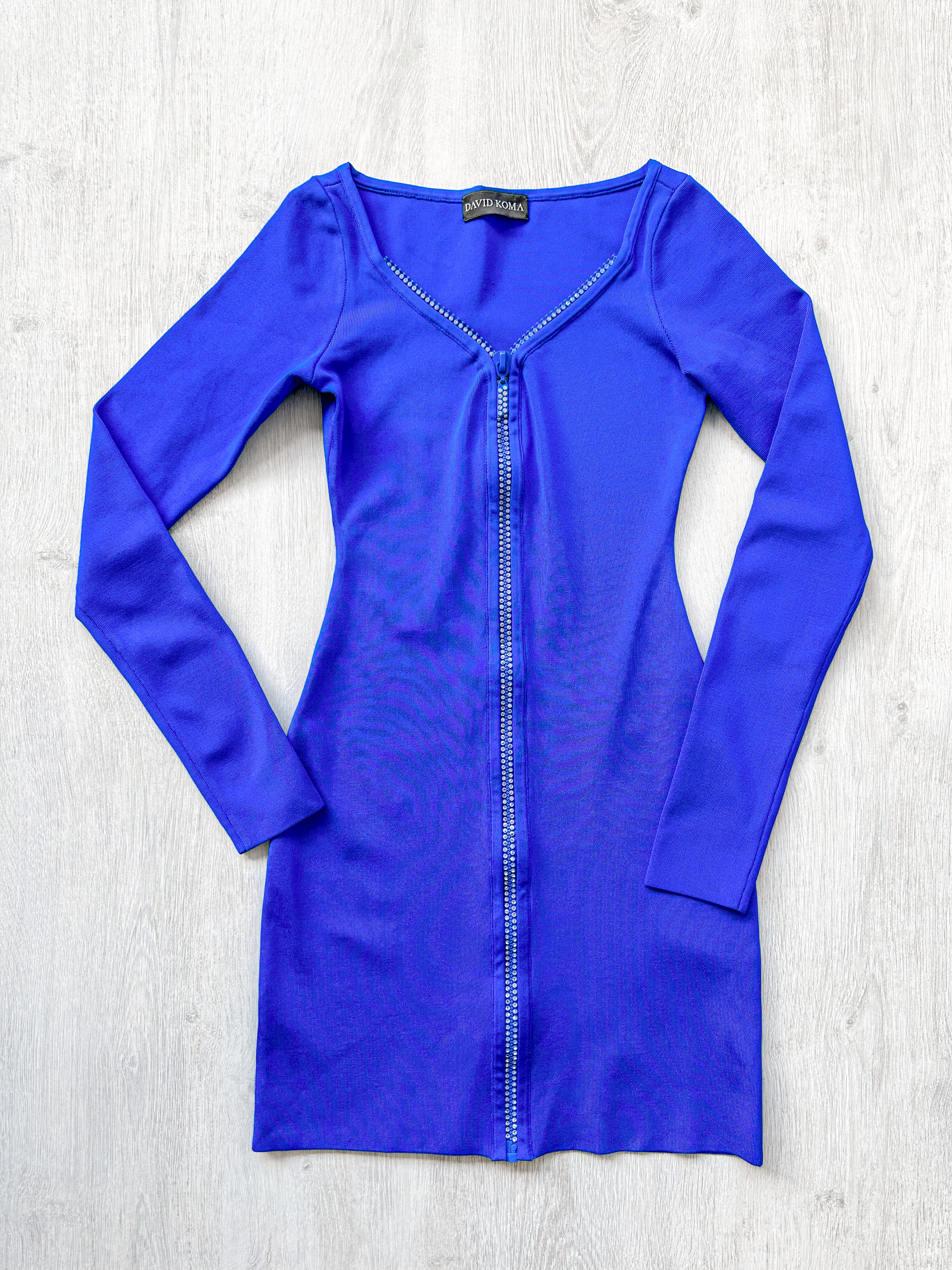 DAVID KOMA Blue Crystal Embellished Zipper Front Long Sleeve Mini Dress - House Of Huntington