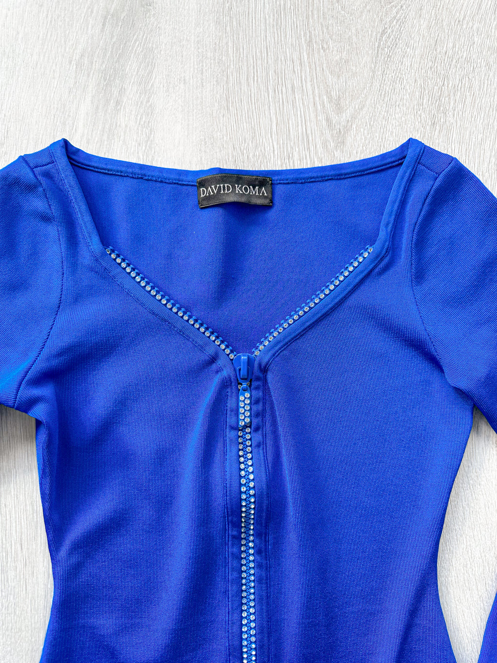 DAVID KOMA Blue Crystal Embellished Zipper Front Long Sleeve Mini Dress - House Of Huntington