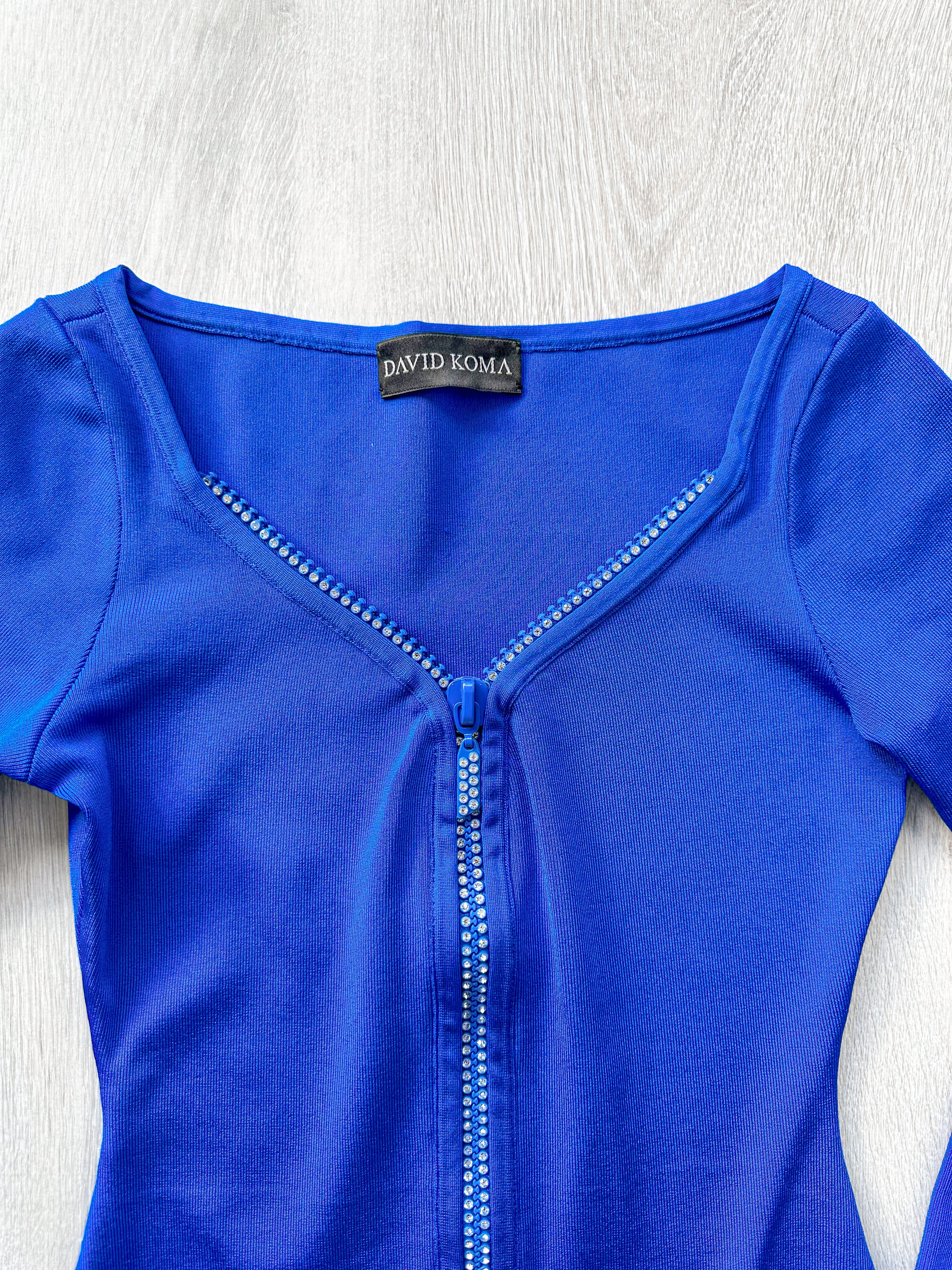 DAVID KOMA Blue Crystal Embellished Zipper Front Long Sleeve Mini Dress - House Of Huntington